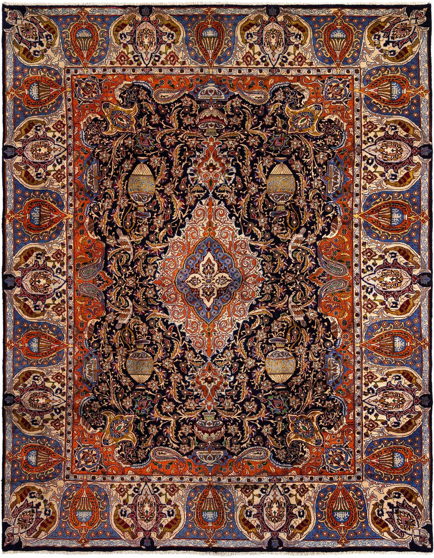 A large rectangular Kashmar Persian rug, 10x13, featuring a complex traditional pattern with a central medallion, rich blues, oranges, and creams, suitable for a living room.