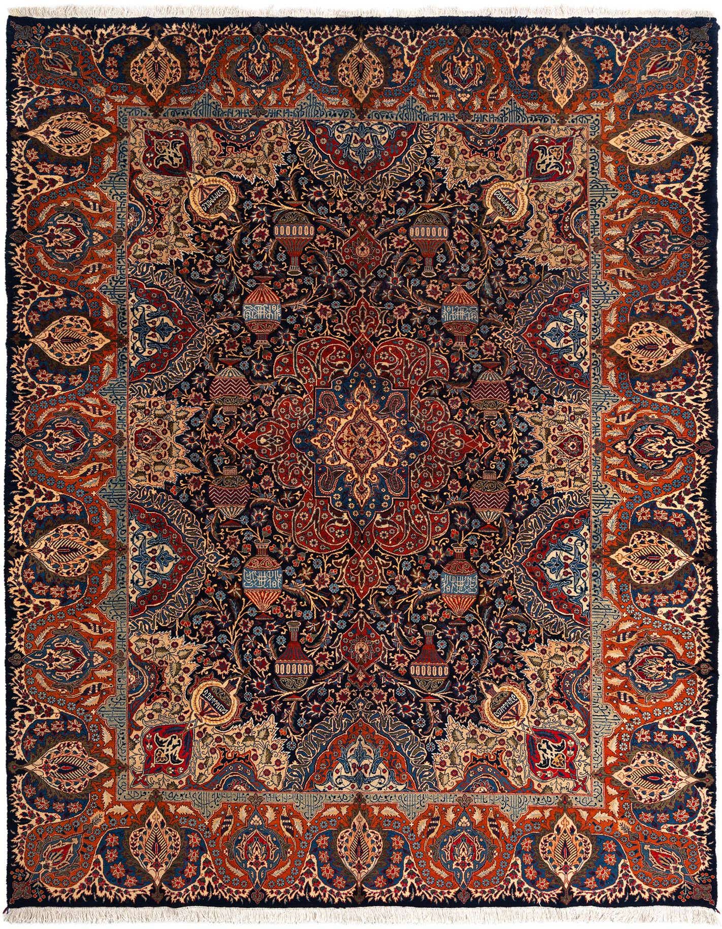 A large 10x13 rectangular Persian rug with a complex floral and medallion pattern in deep blues, reds, and gold, suitable for a living room.