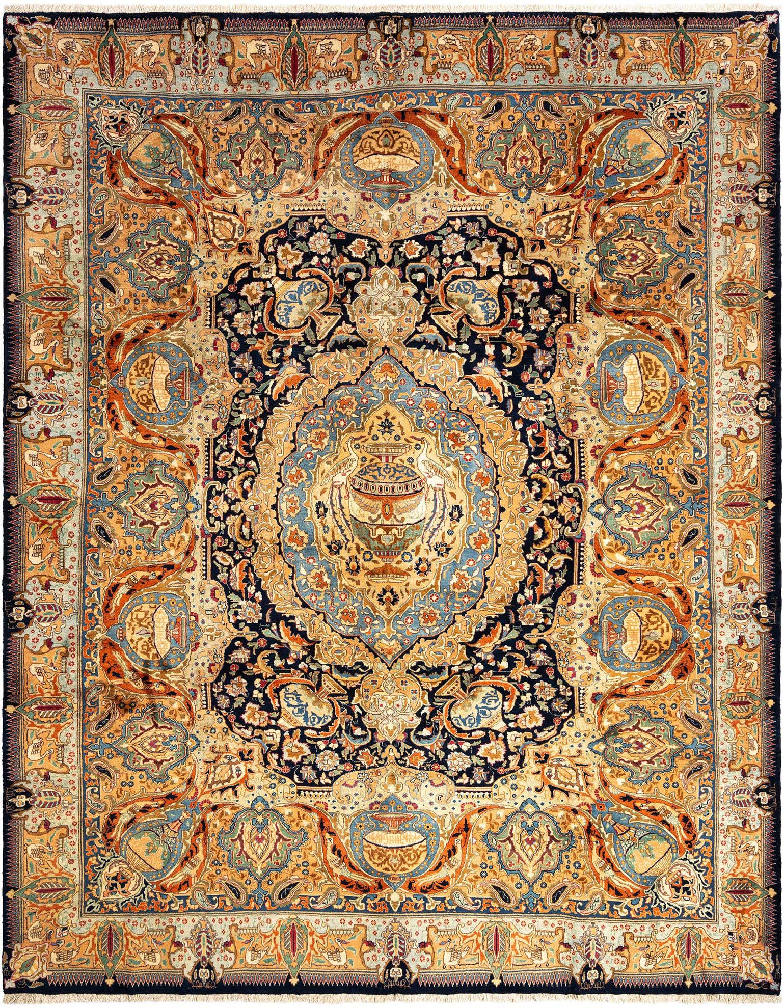 A 10x13 rectangular Kashmar Persian rug in shades of blue, gold, and orange, featuring an intricate floral medallion pattern.