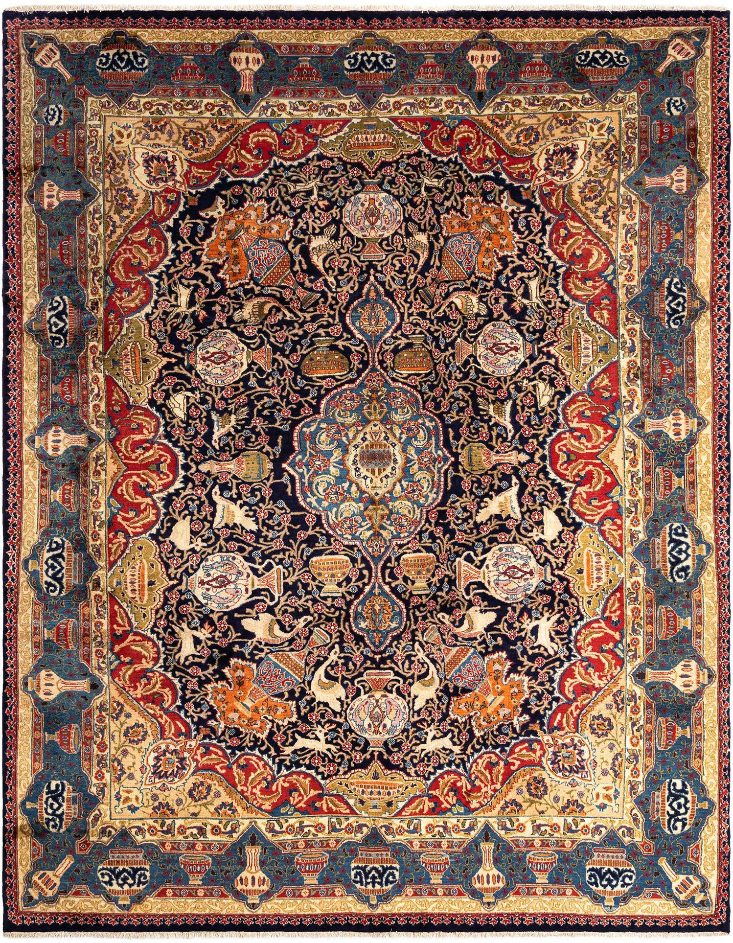 A large 9x12 rectangular Kashmar Persian rug featuring intricate floral and medallion patterns in rich blues, reds, and creams.