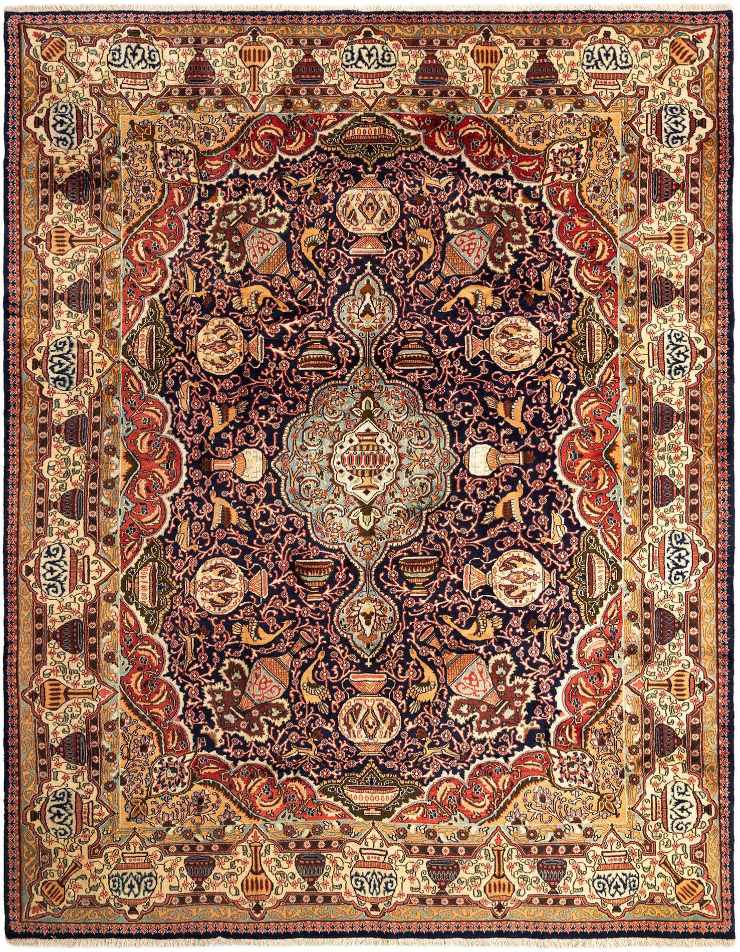 A 10x13 rectangular Kashmar Persian rug with a deep blue field and intricate floral and vase motifs, framed by a multi-layered border in red, gold, and cream.