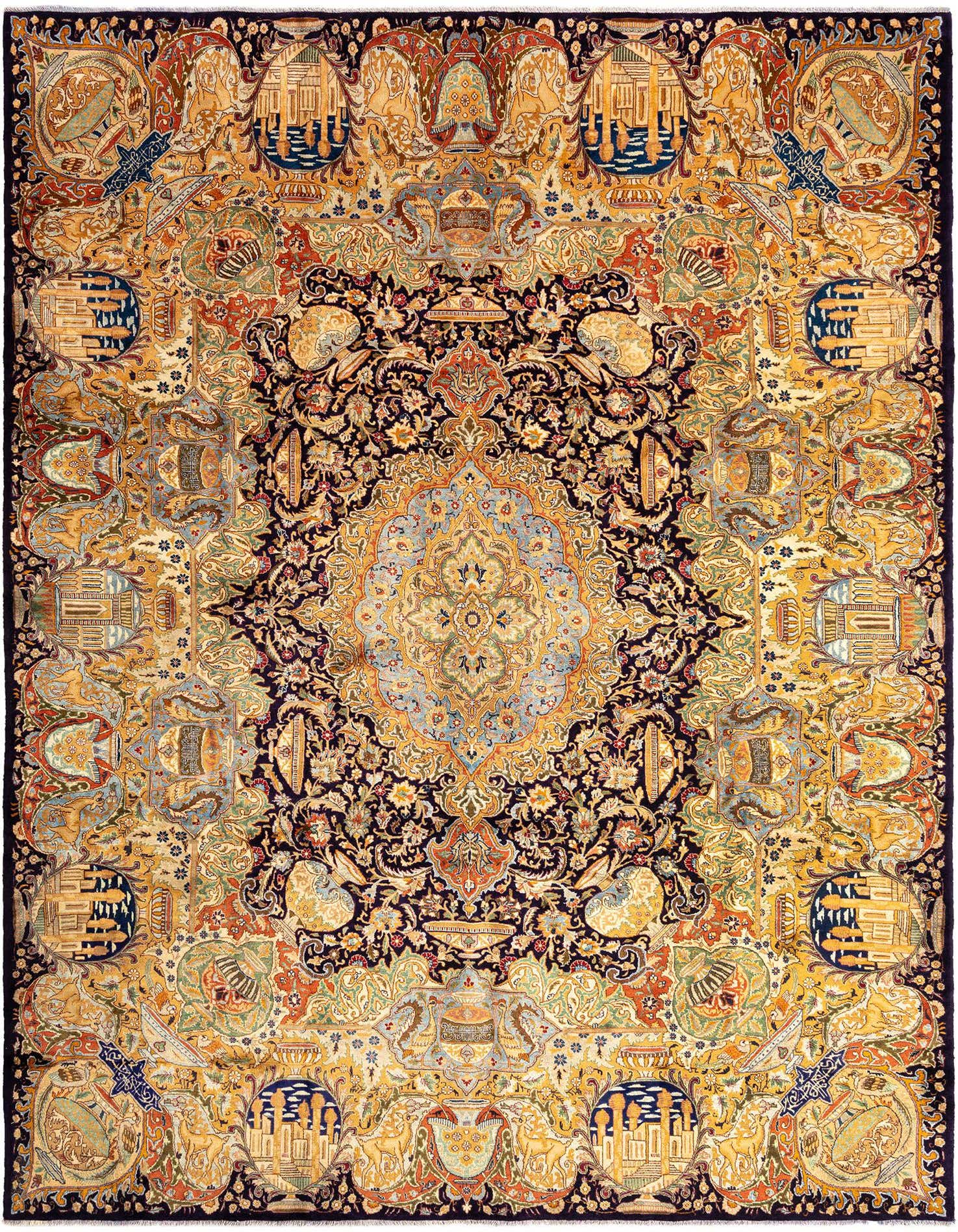 A rectangular 10x13 Persian Kashmar rug with a complex blue, gold, and red floral medallion pattern, ideal for a living room.