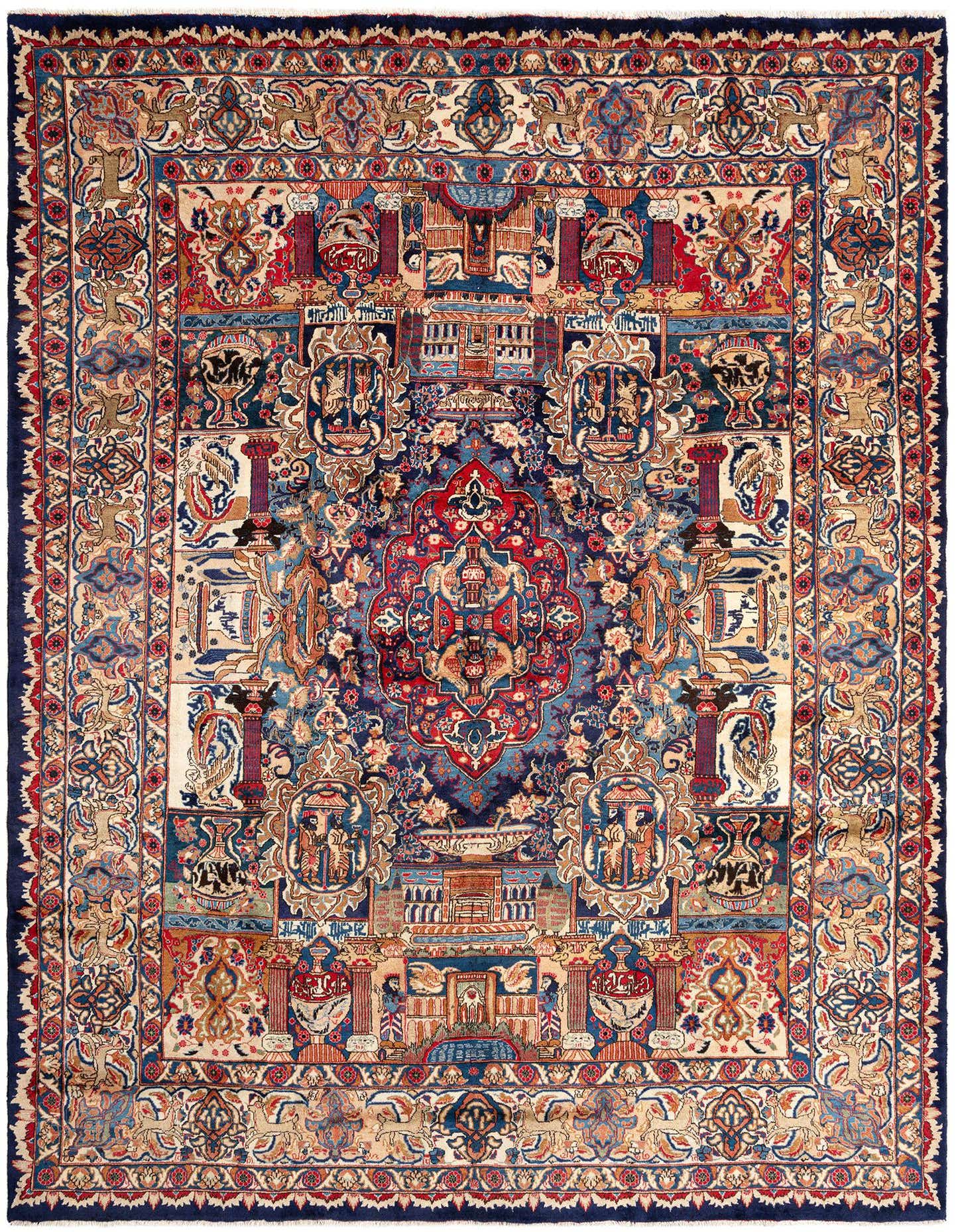 A 10x13 rectangular Kashmar Persian rug featuring intricate traditional patterns in various shades of blue, red, and beige.