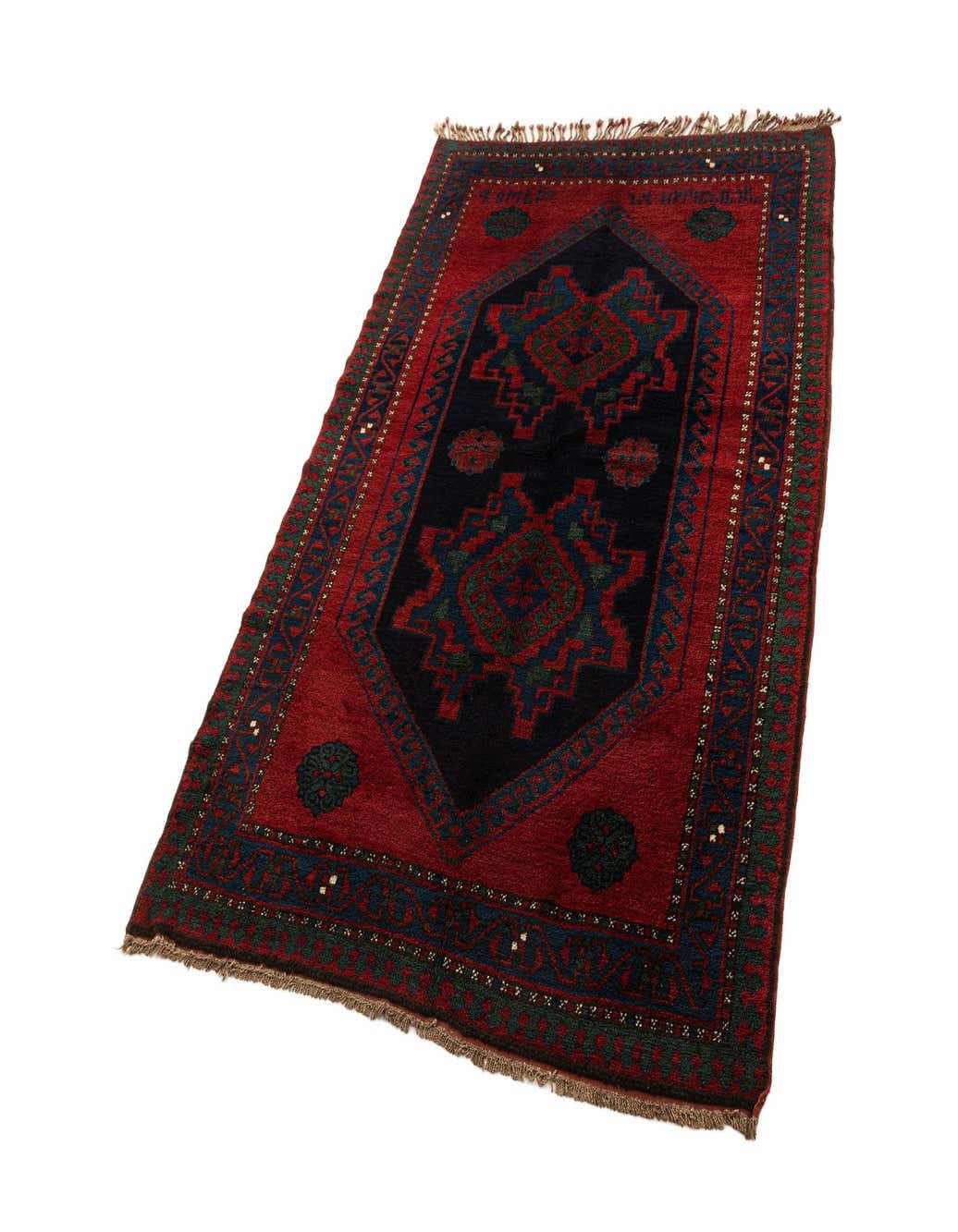 A 5x8 rectangular Kazak rug featuring a deep blue center medallion with geometric patterns on a rich red field, ideal for an entryway or living room.