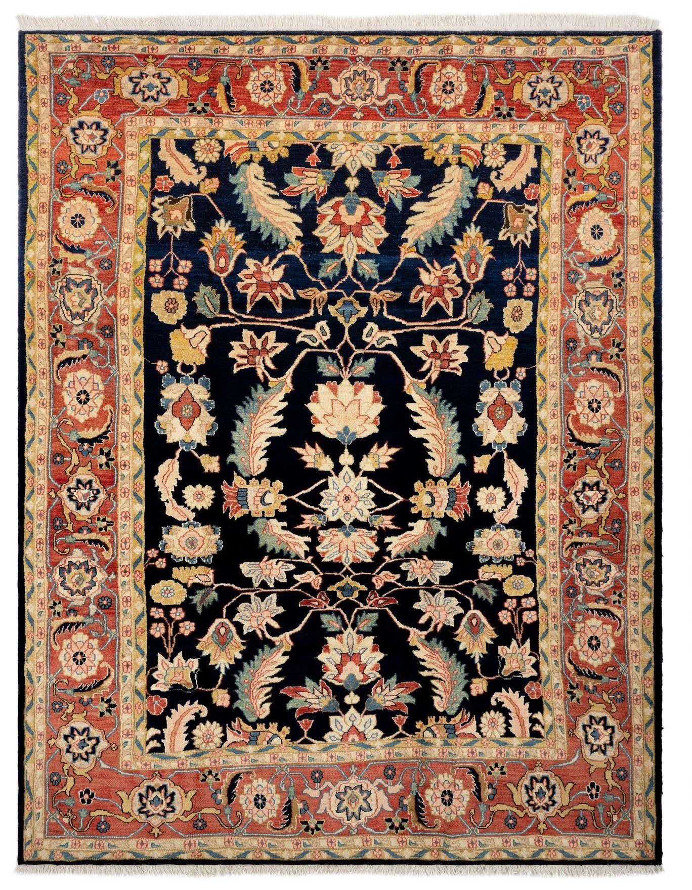 A 7x10 rectangular Kurd Persian rug with a deep blue field and intricate floral patterns in red, gold, and cream, suitable for a living room.