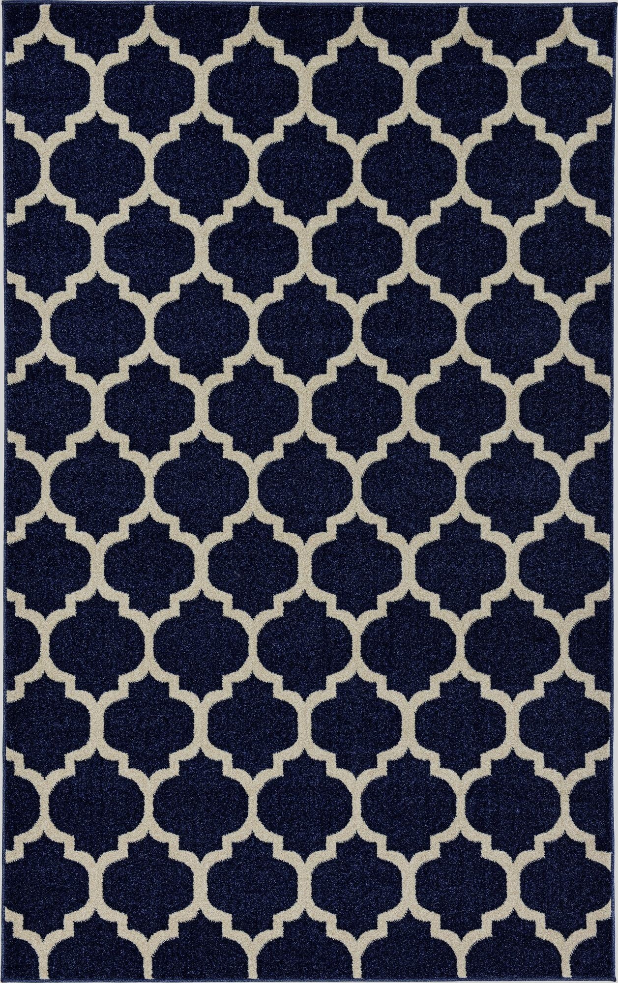 A 5x8 rectangular blue area rug featuring a repeating light beige modern trellis pattern, suitable for various indoor rooms.