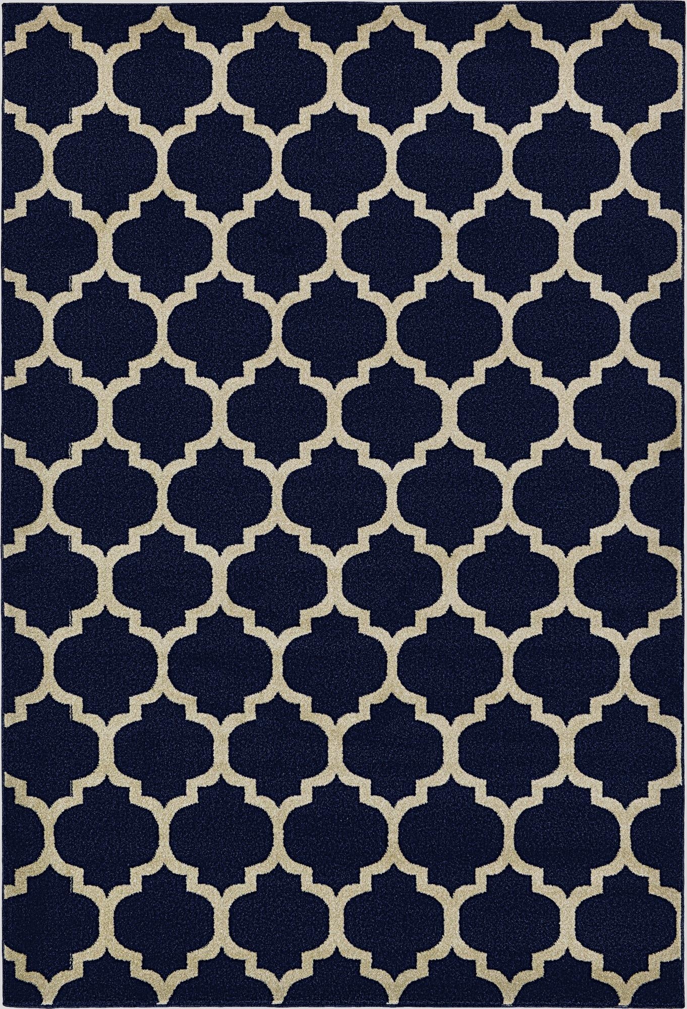A 6x9 rectangular Rugs.com Lattice rug featuring a navy blue background with a repeating beige trellis pattern, ideal for a living room.