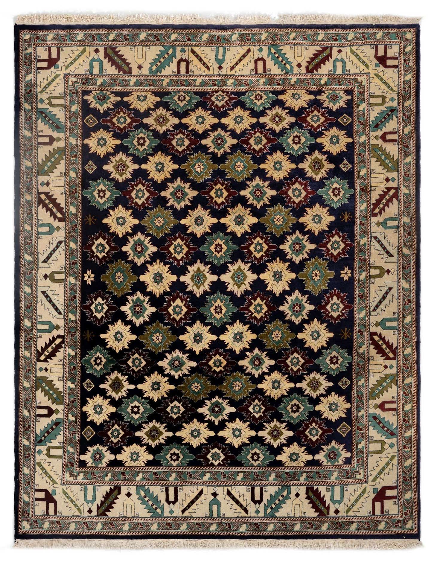 A rectangular 8x11 Lesghi Persian rug with a dark blue field and a cream border, featuring intricate geometric and floral patterns in blue, cream, and burgundy.