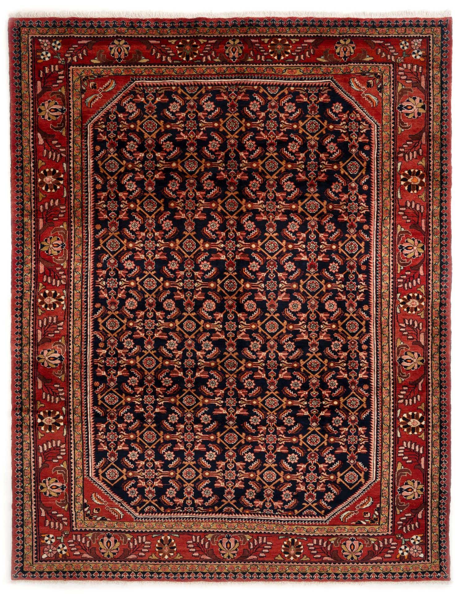 A 9x12 rectangular Persian tribal rug in deep blue with intricate red, gold, and cream floral patterns and a wide red border.