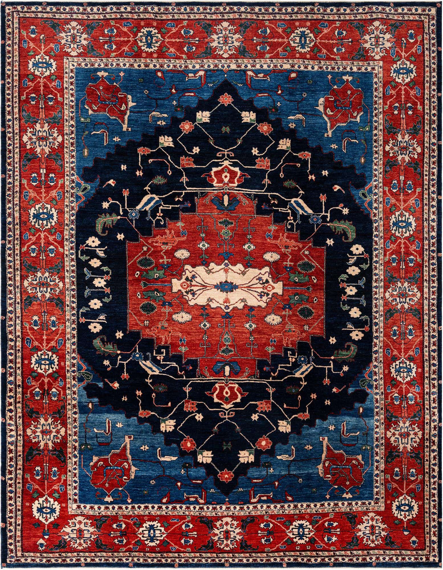 A rectangular handmade Persian rug featuring a central medallion design in deep blues and reds, with intricate floral and geometric patterns.