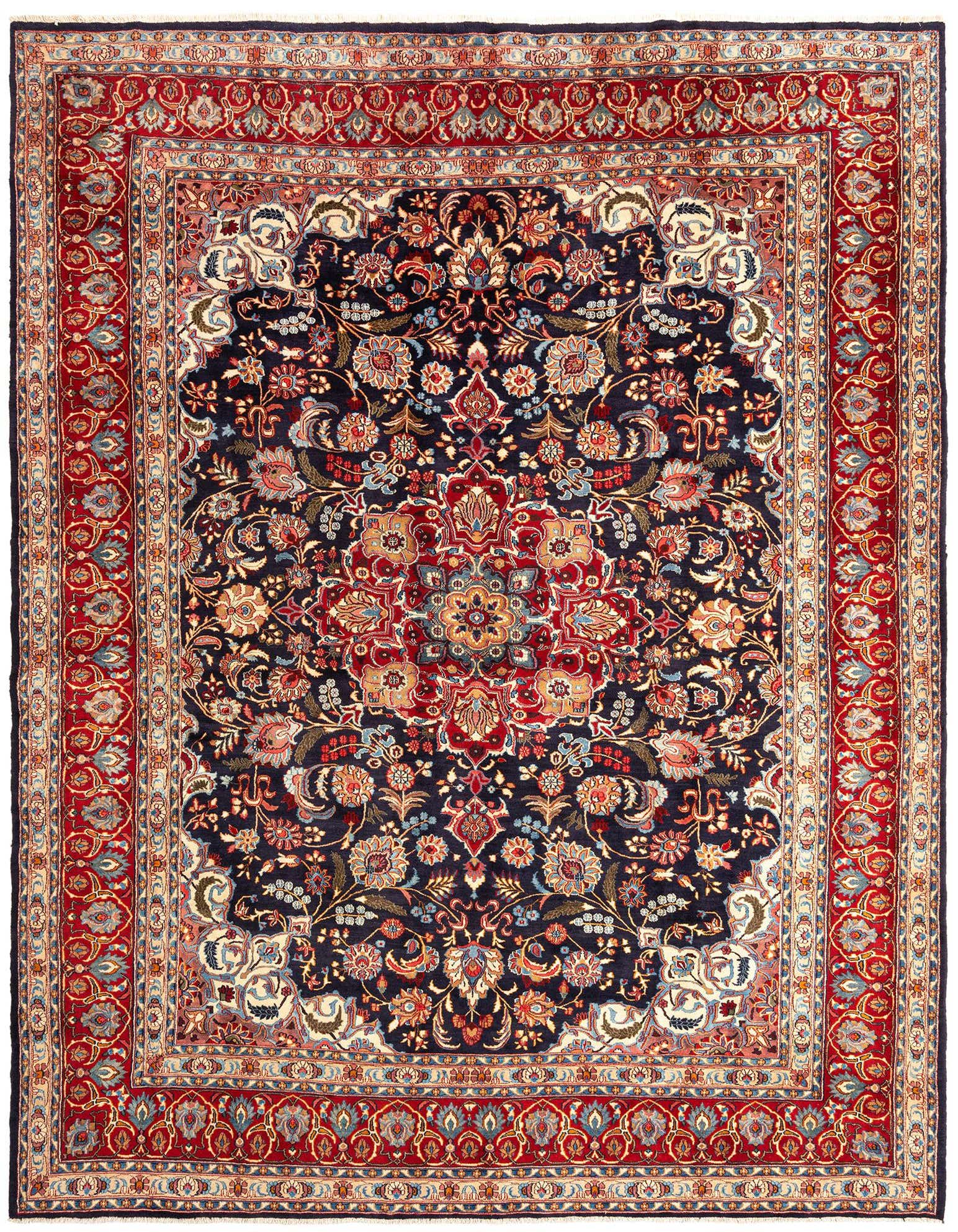 A large 10x13 rectangular Persian rug with a deep blue field and intricate floral patterns in red, gold, and light blue, framed by a wide red border.
