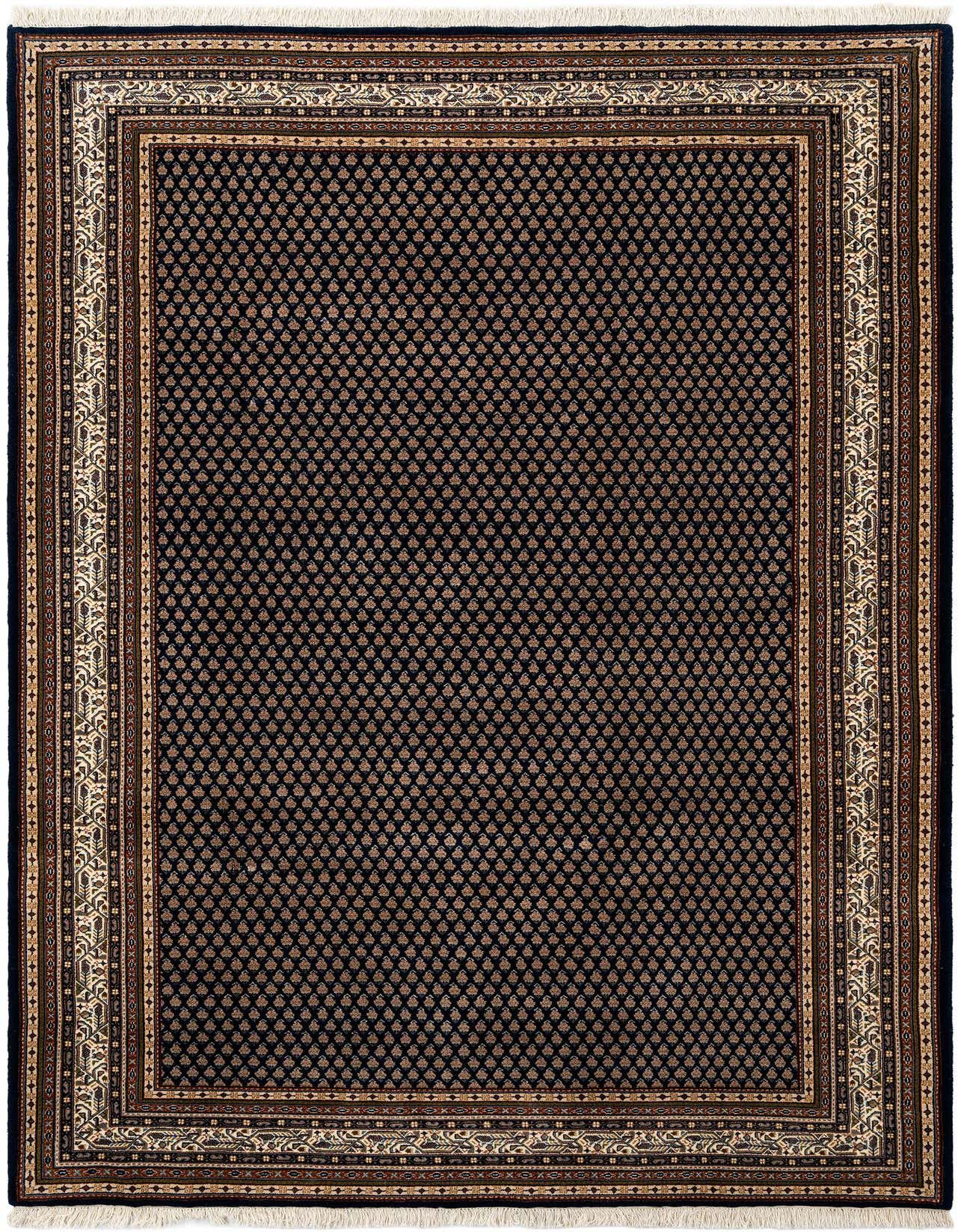 A 6x9 rectangular wool area rug featuring a dark blue field with repeating small gold and brown motifs, framed by a multi-layered border in cream, brown, and gold patterns, suitable for a living room.