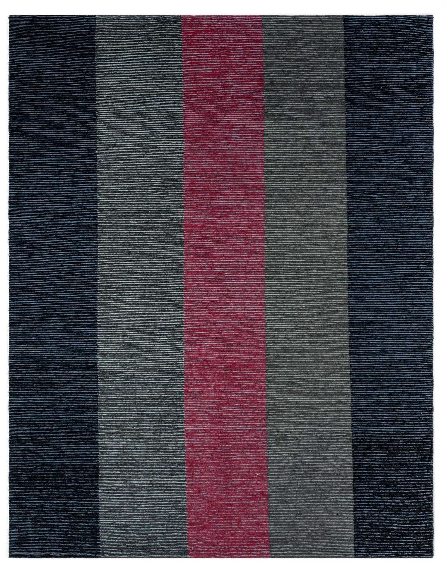 A 6x9 rectangular Modern Farona rug featuring wide vertical stripes in varying shades of blue, gray, and a central bold red stripe, suitable for a living room.