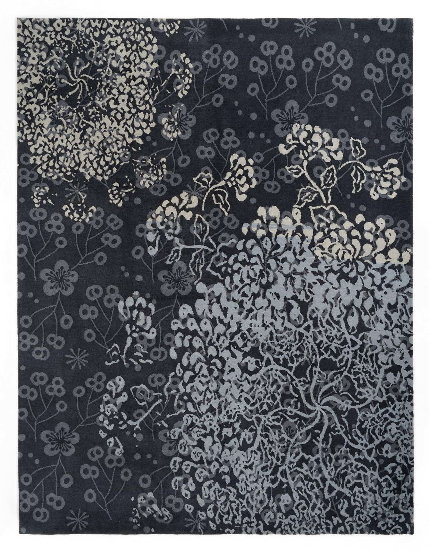 A 7x10 rectangular Modern Himalaya wool rug in shades of blue, featuring an abstract floral and botanical pattern.