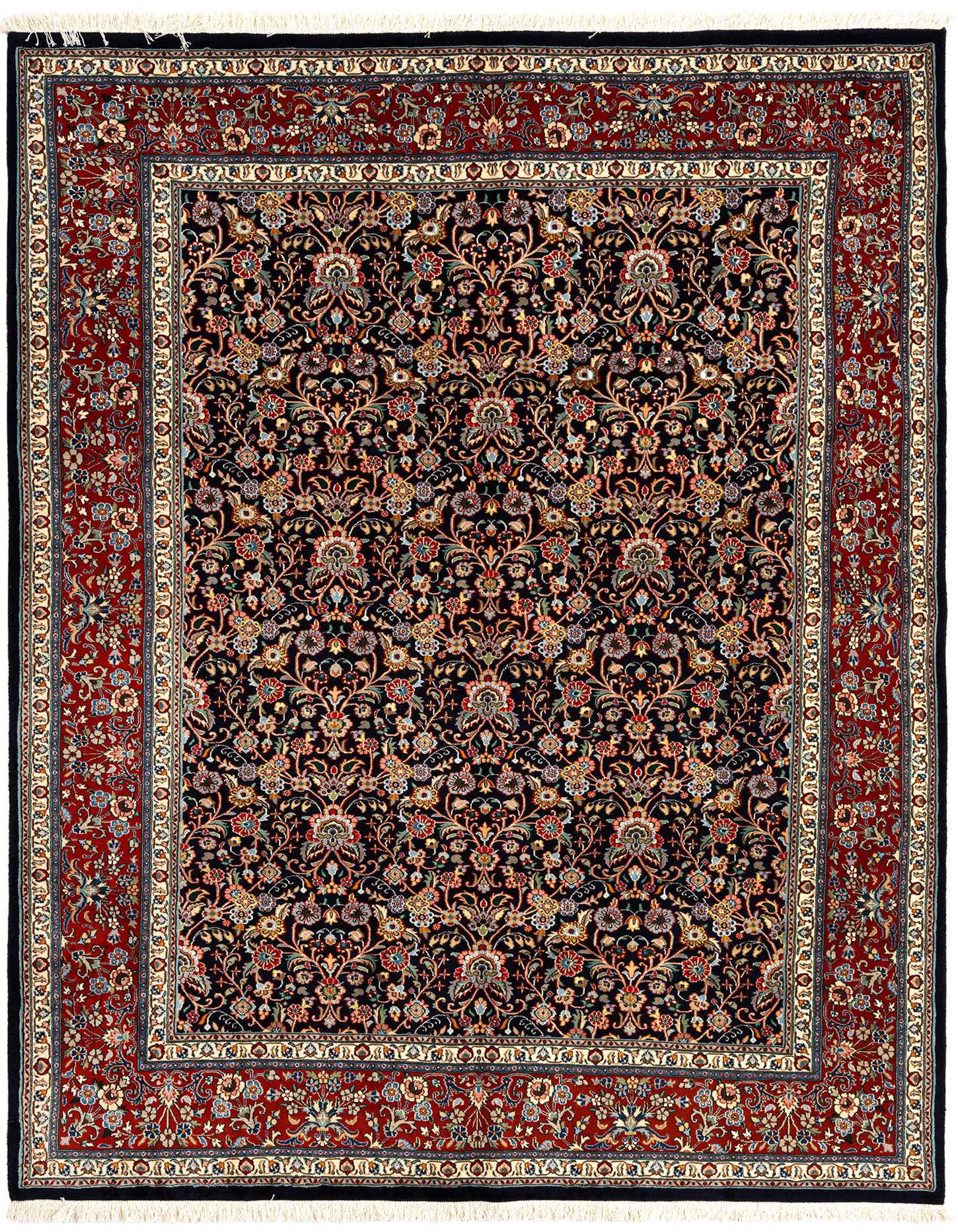 A 6x9 rectangular Persian rug with a dark blue field and intricate floral patterns, framed by a rich red border.
