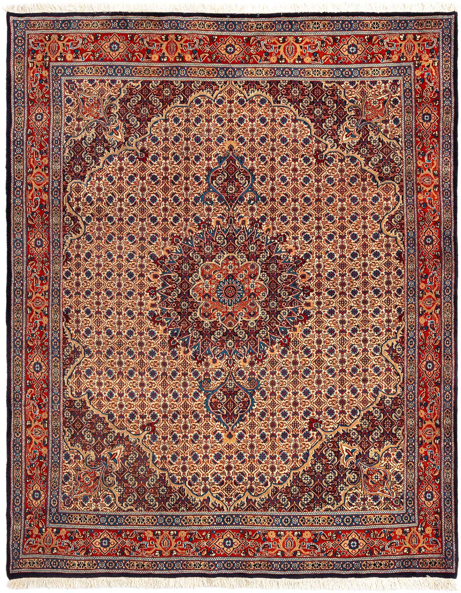 A 7x10 rectangular Mood Persian rug in shades of blue, red, and cream, featuring an intricate floral medallion pattern.
