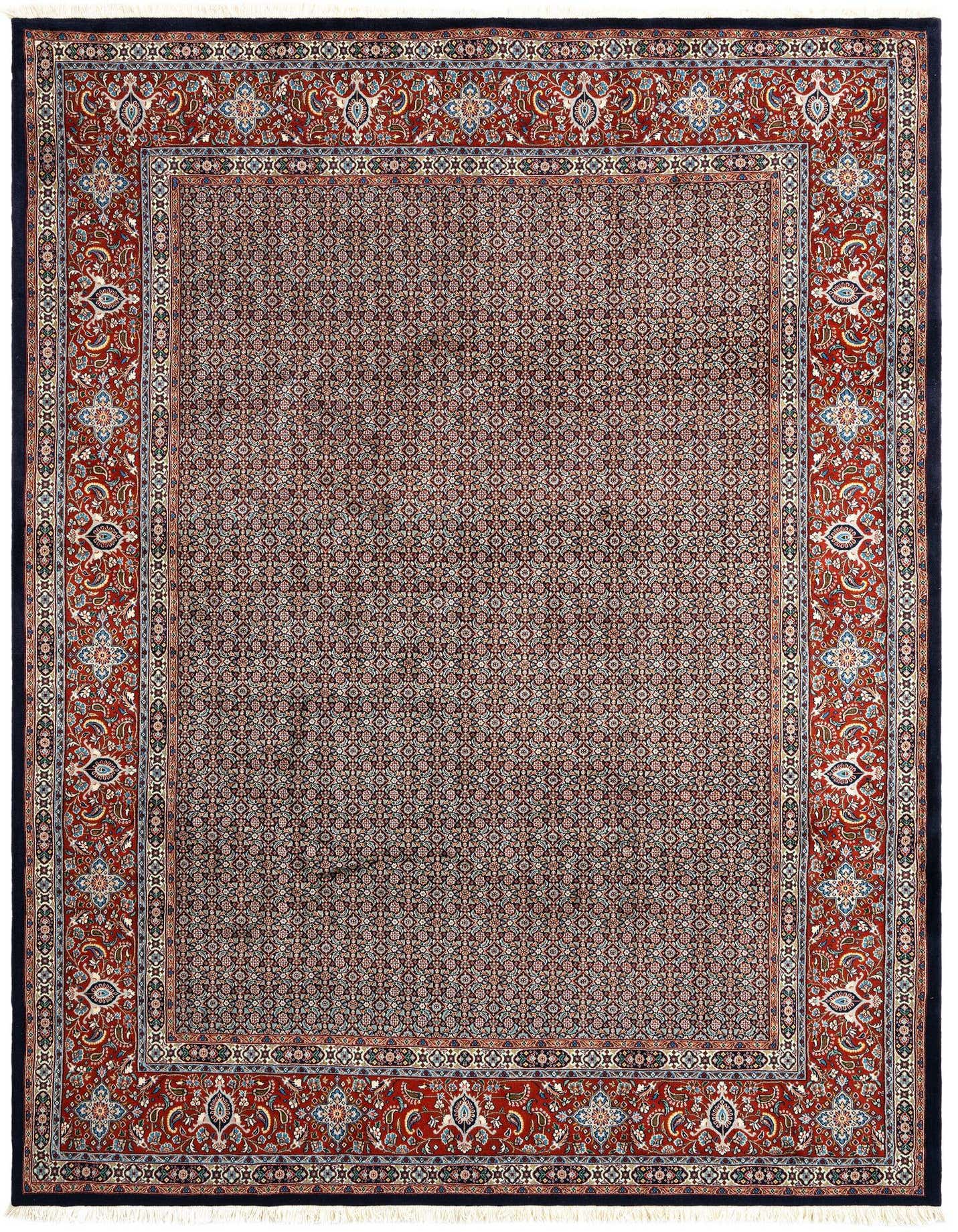 An 8x11 rectangular Persian wool rug featuring intricate floral patterns in blues and reds with a detailed border.