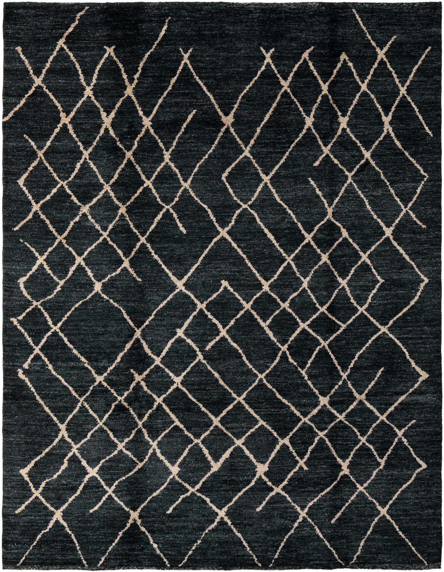 A 5x8 rectangular blue wool rug with a modern tribal diamond pattern in beige, suitable for a living room.