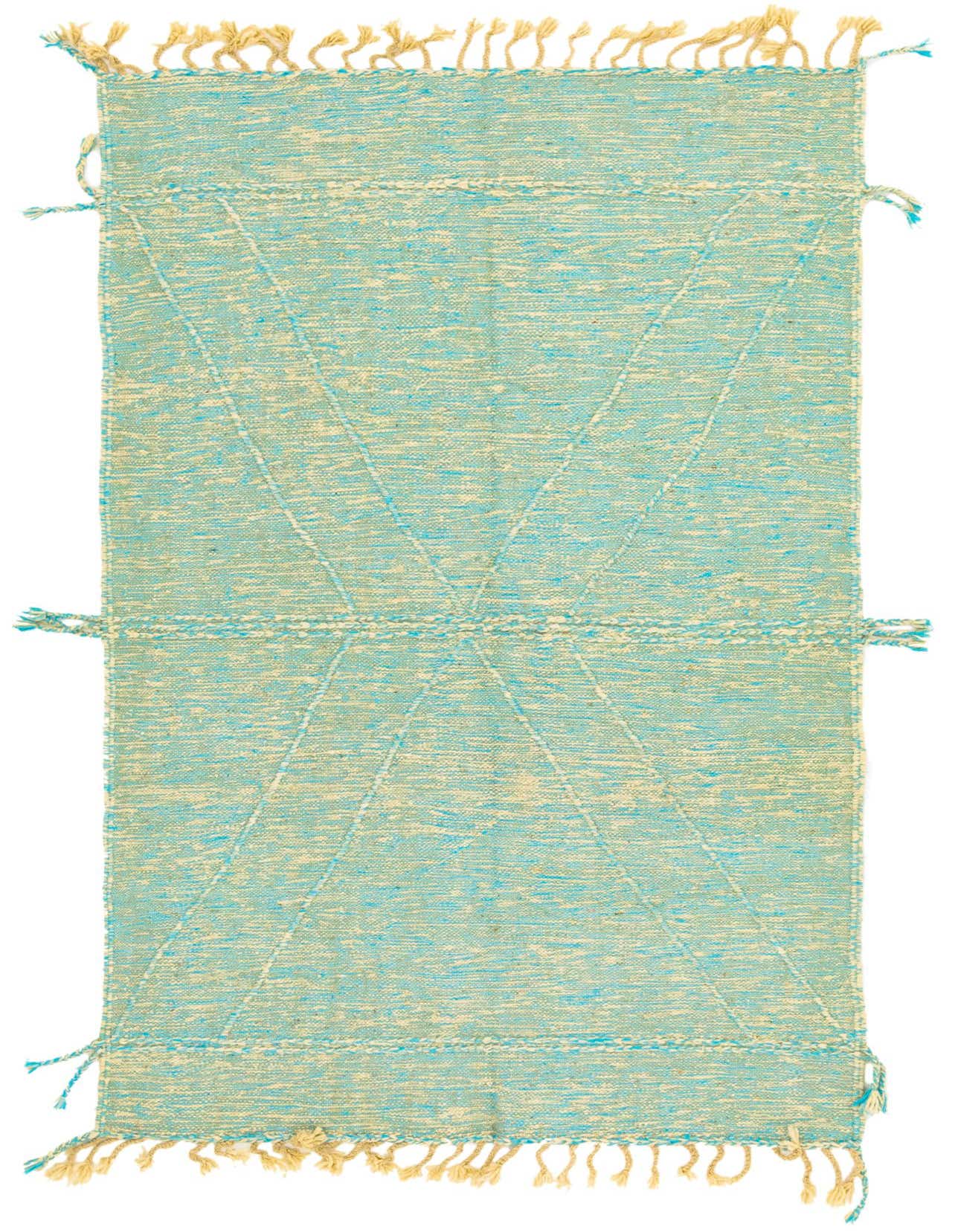 A 5x8 rectangular Moroccan shag rug in varying shades of blue and cream, featuring a subtle tribal pattern.