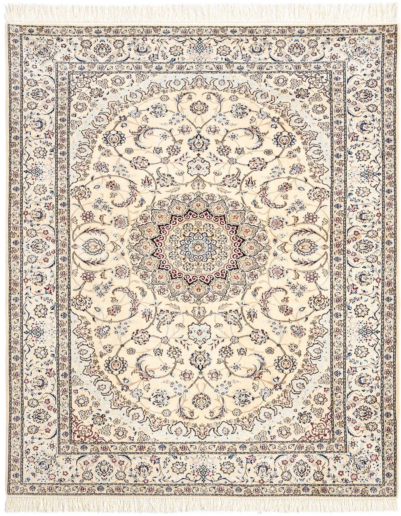 A 5x8 rectangular Persian rug with a cream background, intricate blue and red floral patterns, and a central medallion.