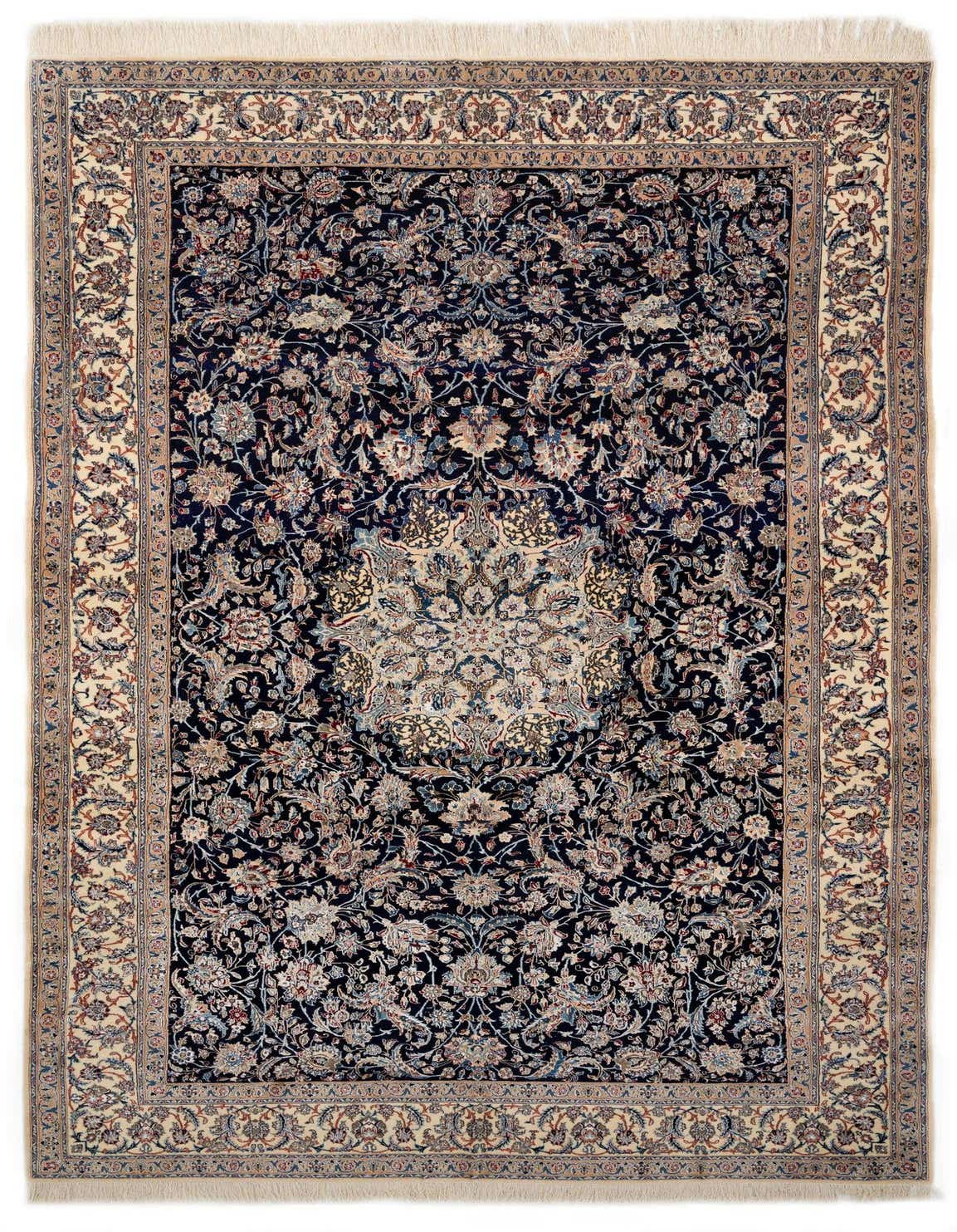 A 7x10 rectangular Nain Persian rug in deep blue with intricate floral patterns and a cream border, handmade from wool and silk.