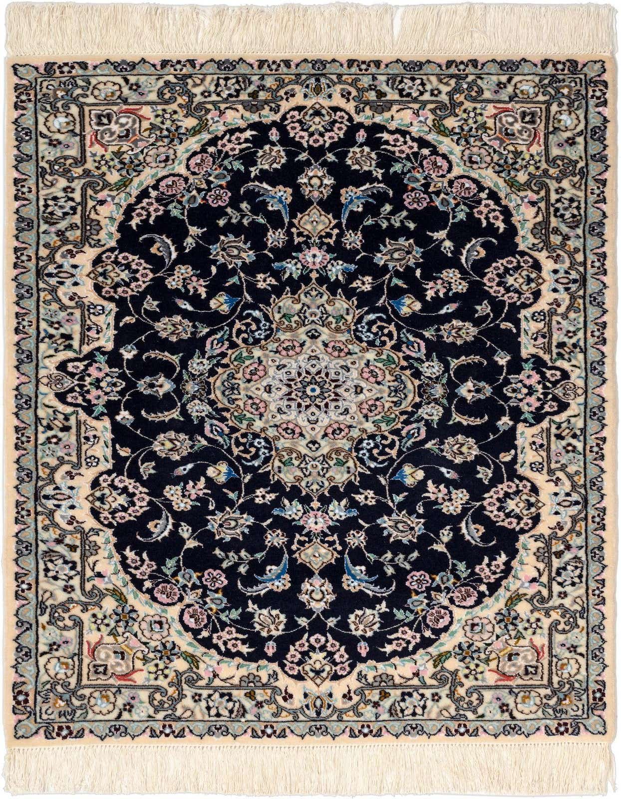 A 3x4 rectangular Persian rug featuring a dark blue field with intricate floral motifs and a light beige border.