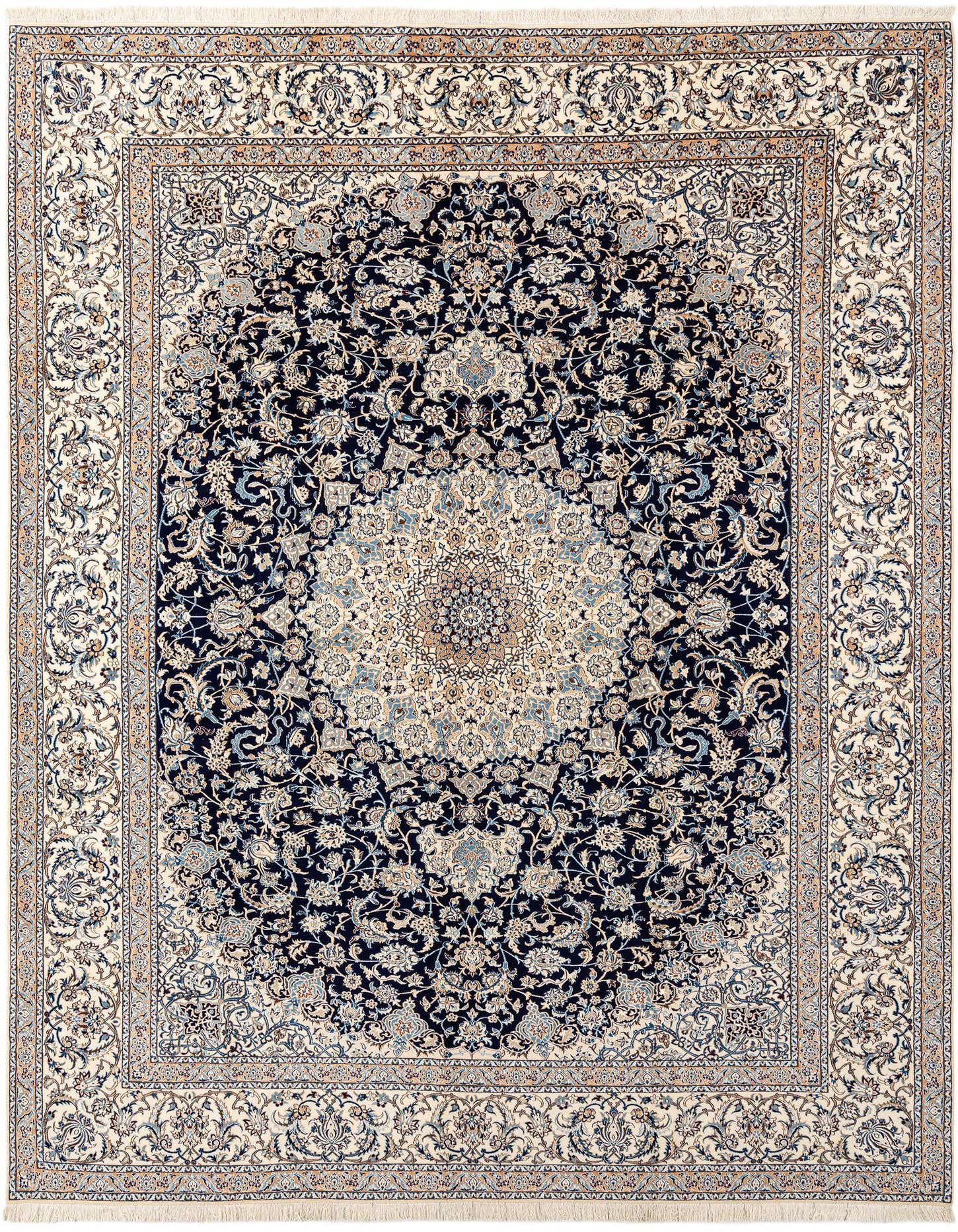 A rectangular handmade Persian rug with a deep blue field and intricate cream and light blue floral medallion and border patterns.