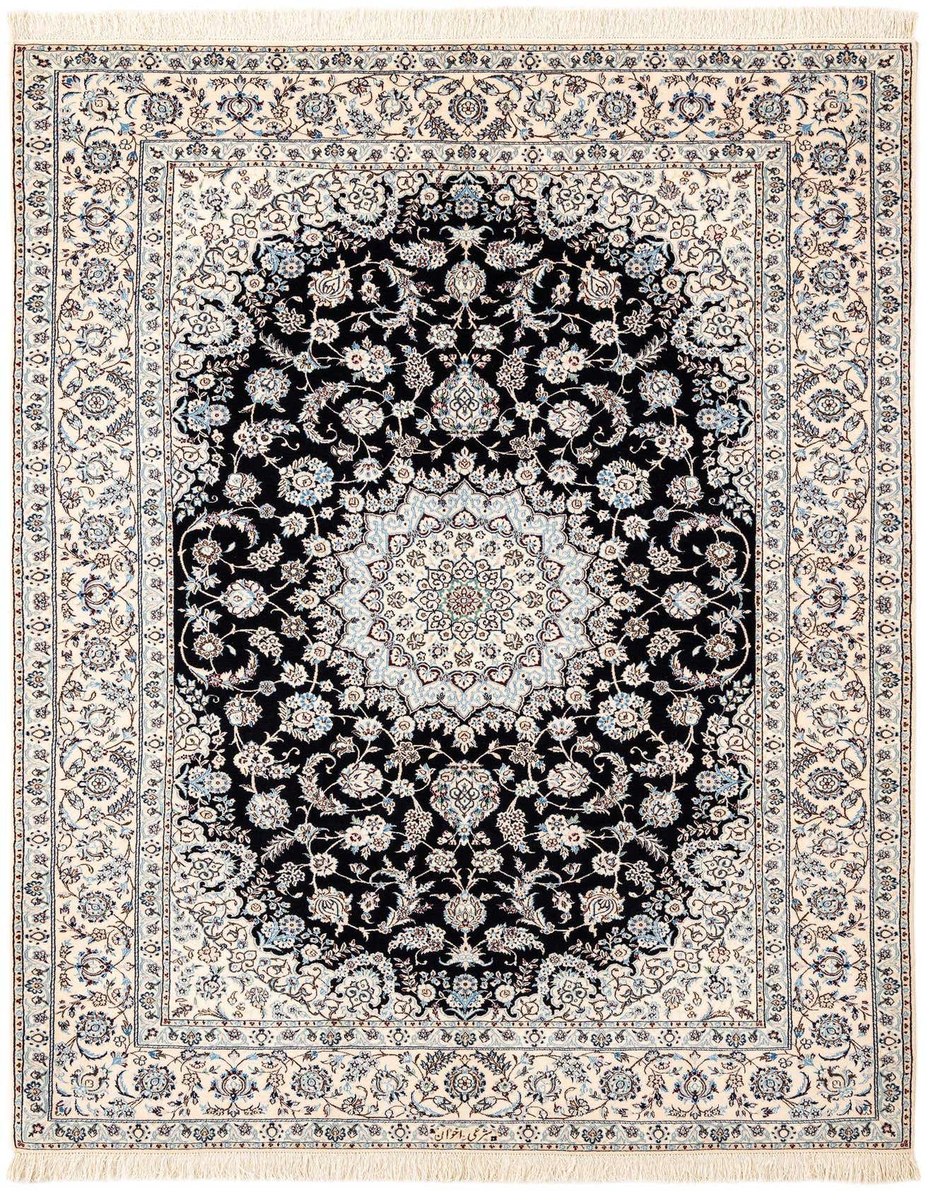 A rectangular handmade Persian rug with a central medallion, featuring intricate floral patterns in black, cream, and various shades of blue.