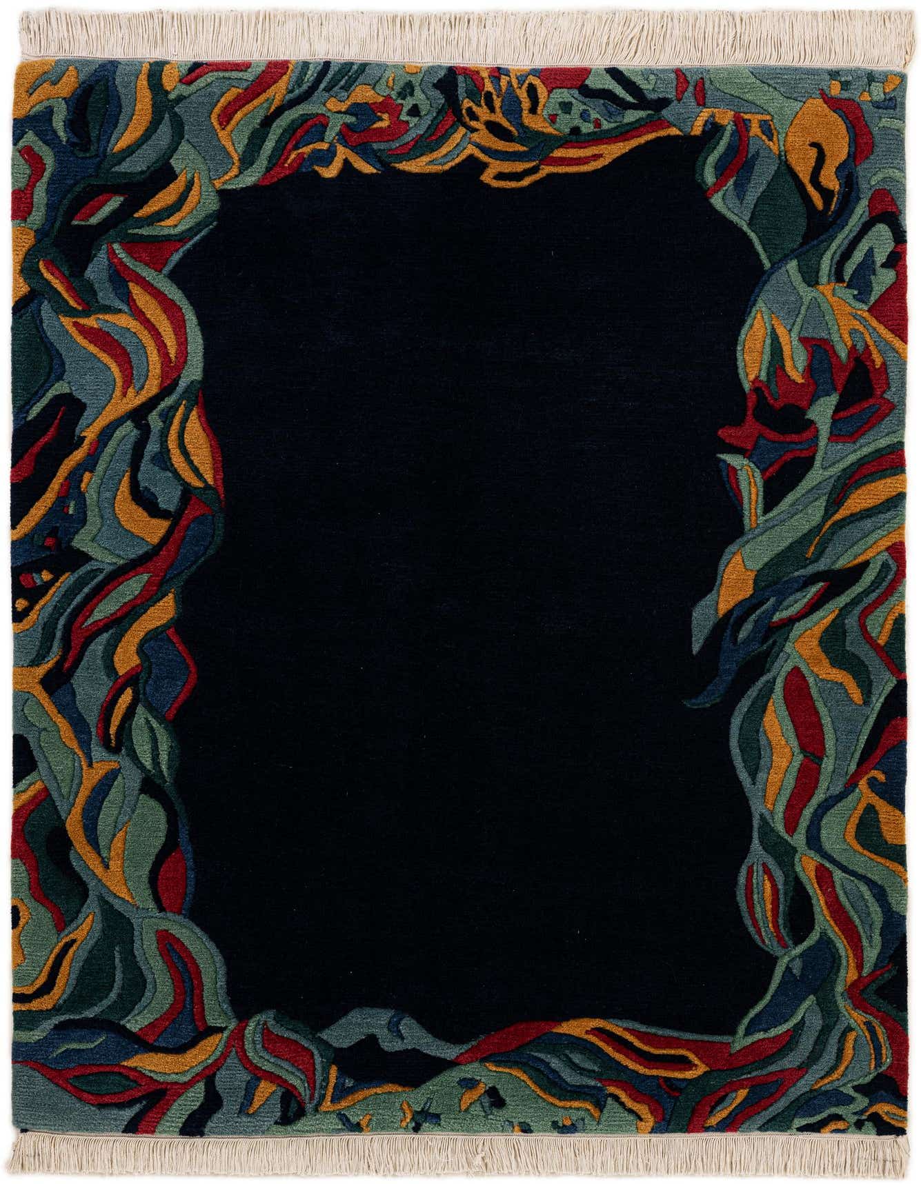 A 4x6 rectangular Nepal Collection rug featuring a dark blue center and a vibrant abstract border in blues, reds, yellows, and greens.