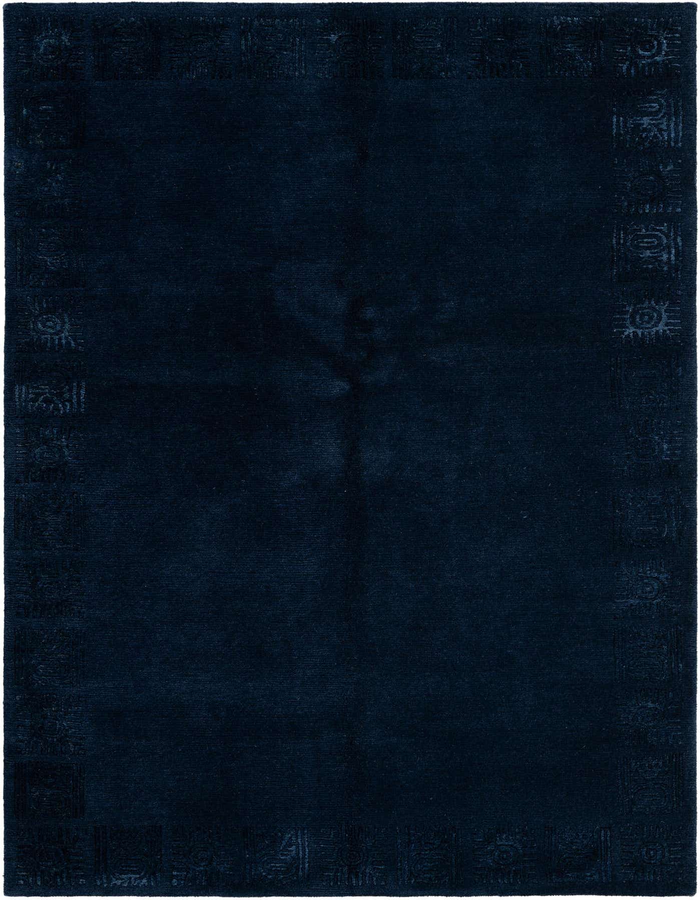 A luxurious 5x7 rectangular blue area rug with a subtle, raised abstract border pattern, ideal for an indoor living space.