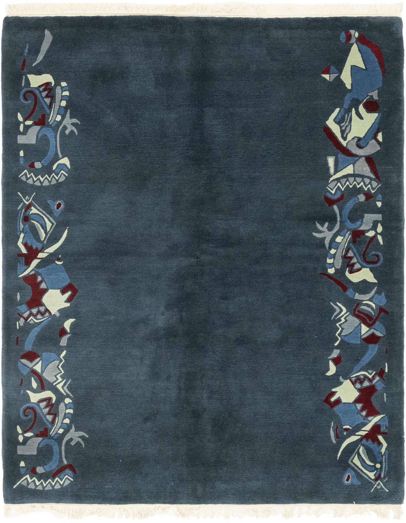 A 6x9 rectangular blue wool rug with a modern abstract border in shades of blue, red, and cream, featuring a high pile.