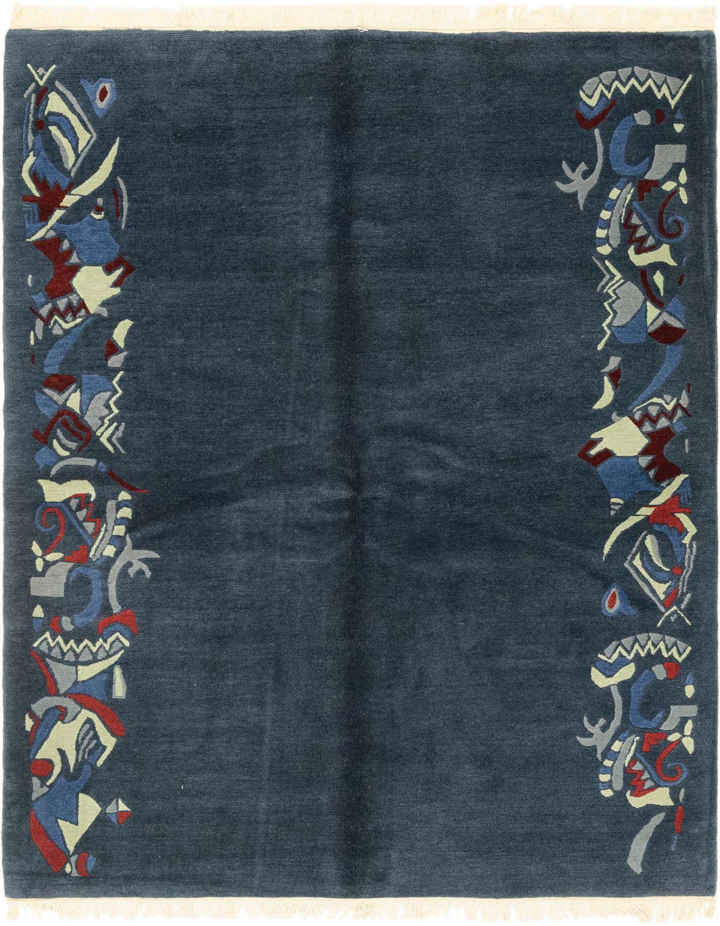A 6x9 rectangular Nepal rug by Rugs.com with a deep blue field and abstract, colorful borders in red, blue, and cream.