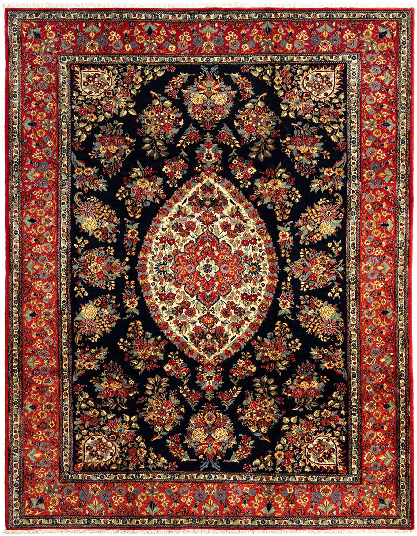 A 7x10 rectangular Qom Persian rug featuring a dark blue field with a central medallion and intricate floral patterns, bordered by a rich red frame.