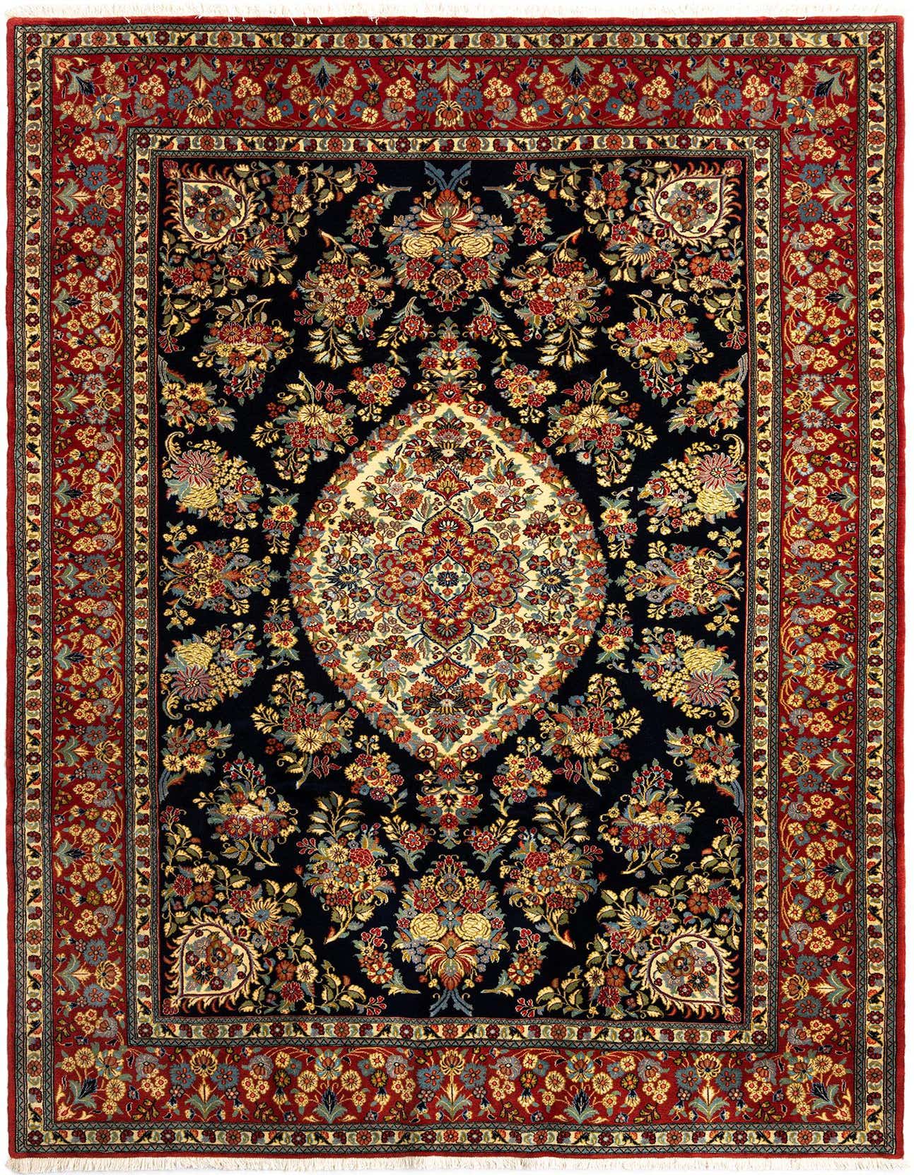 A 7x10 rectangular Qom Persian rug featuring a detailed floral medallion on a dark blue field, surrounded by an ornate red border.
