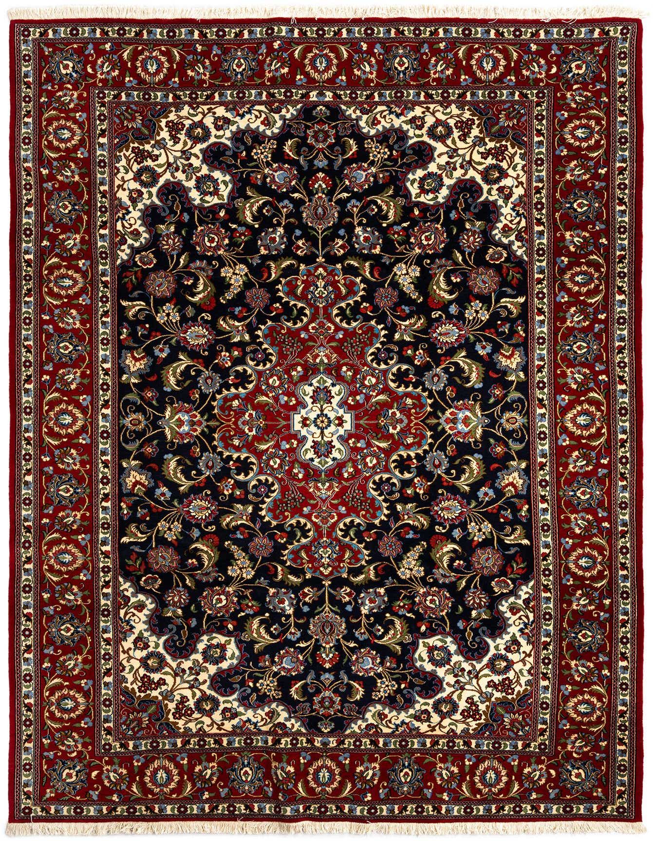 A rectangular 7x10 Qom Persian rug featuring a rich blue field with an intricate floral medallion pattern, bordered by deep red and cream accents.