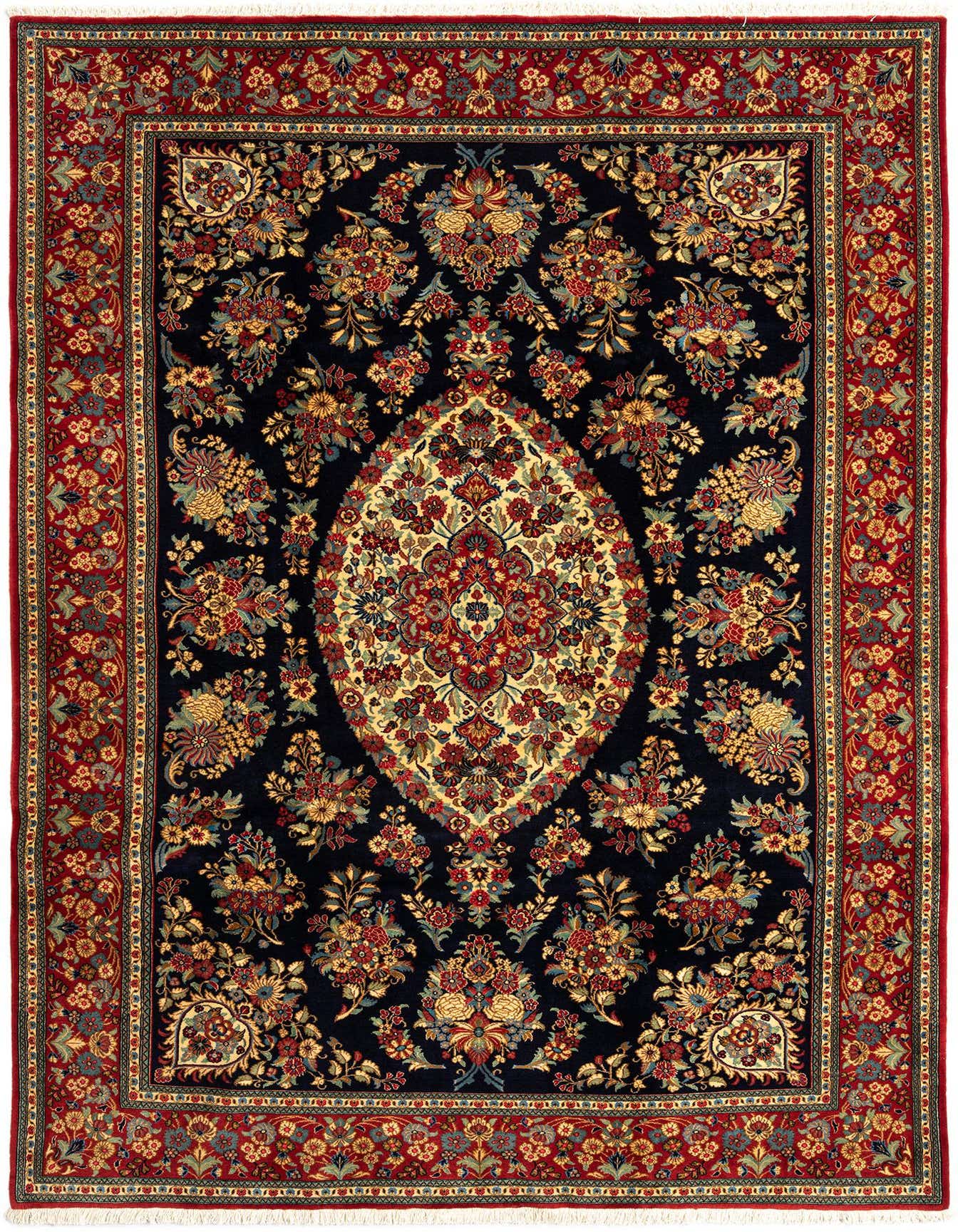 A 7x10 rectangular Qom Persian rug featuring a dark blue field with an intricate floral medallion and a red border.