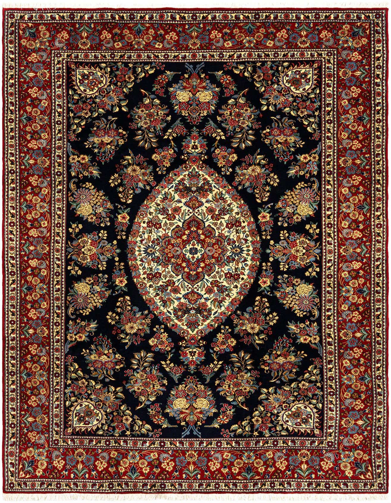 A 7x10 rectangular Persian wool rug featuring a dark blue field with an intricate floral medallion and a rich red border.