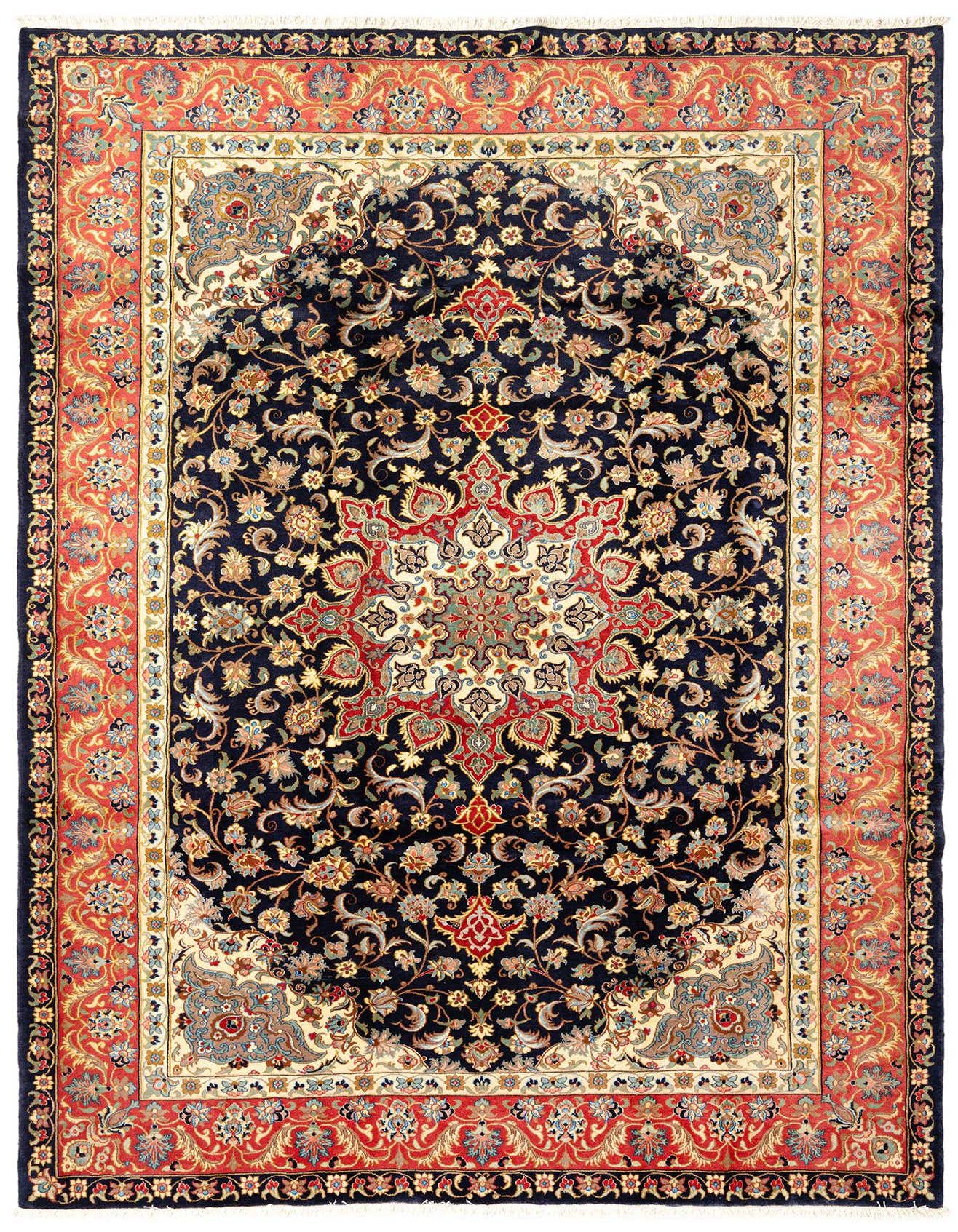 A handmade 7x10 rectangular Persian rug featuring a central medallion and intricate floral patterns in deep blues, reds, and creams.