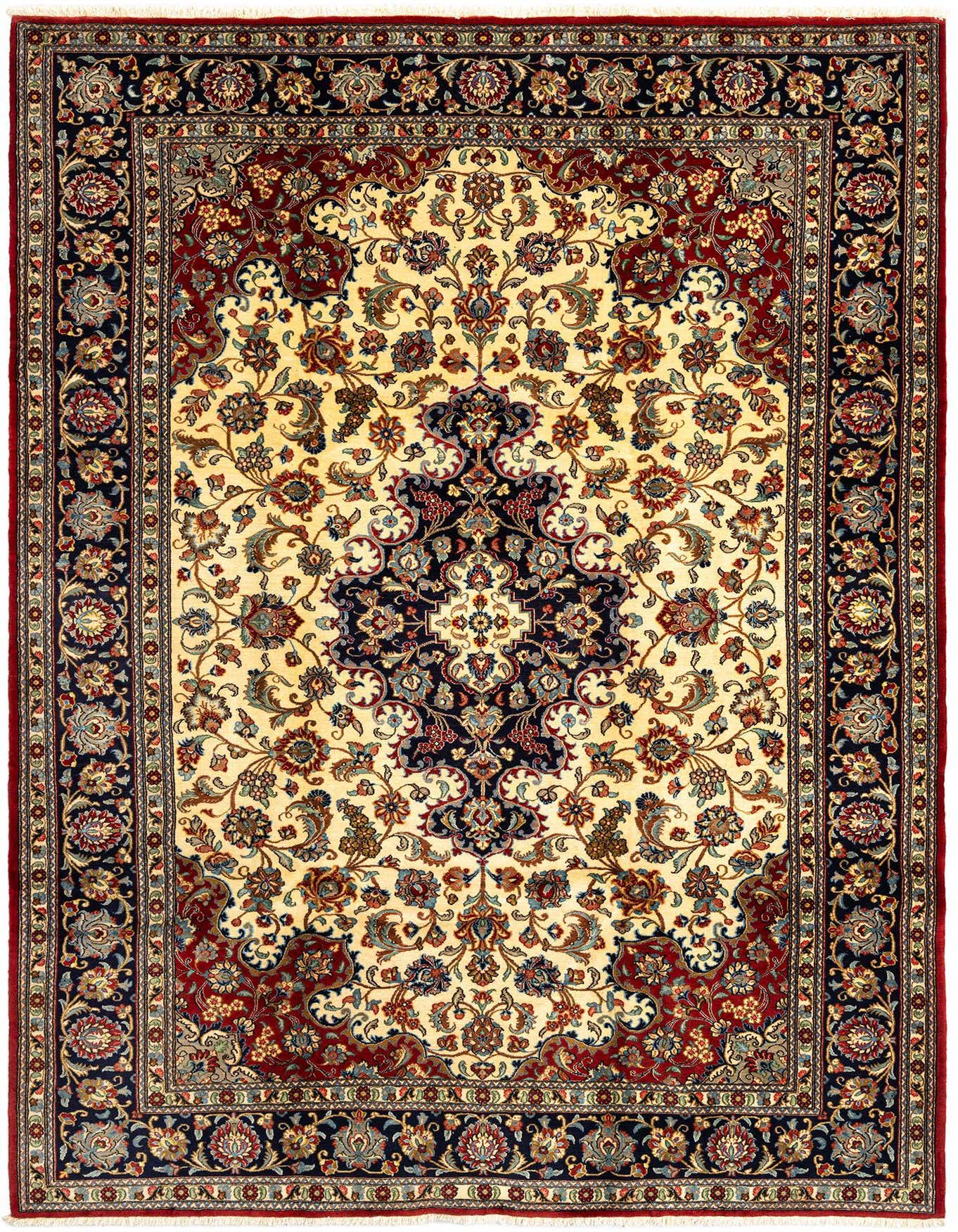 A 7x10 rectangular Persian rug featuring a central medallion and intricate floral patterns in blues, reds, and creams.