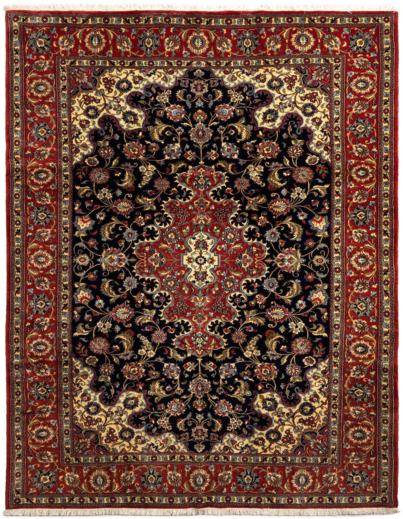 A 7x10 rectangular Qom Persian rug featuring a dark blue field with intricate floral patterns and a wide red border.