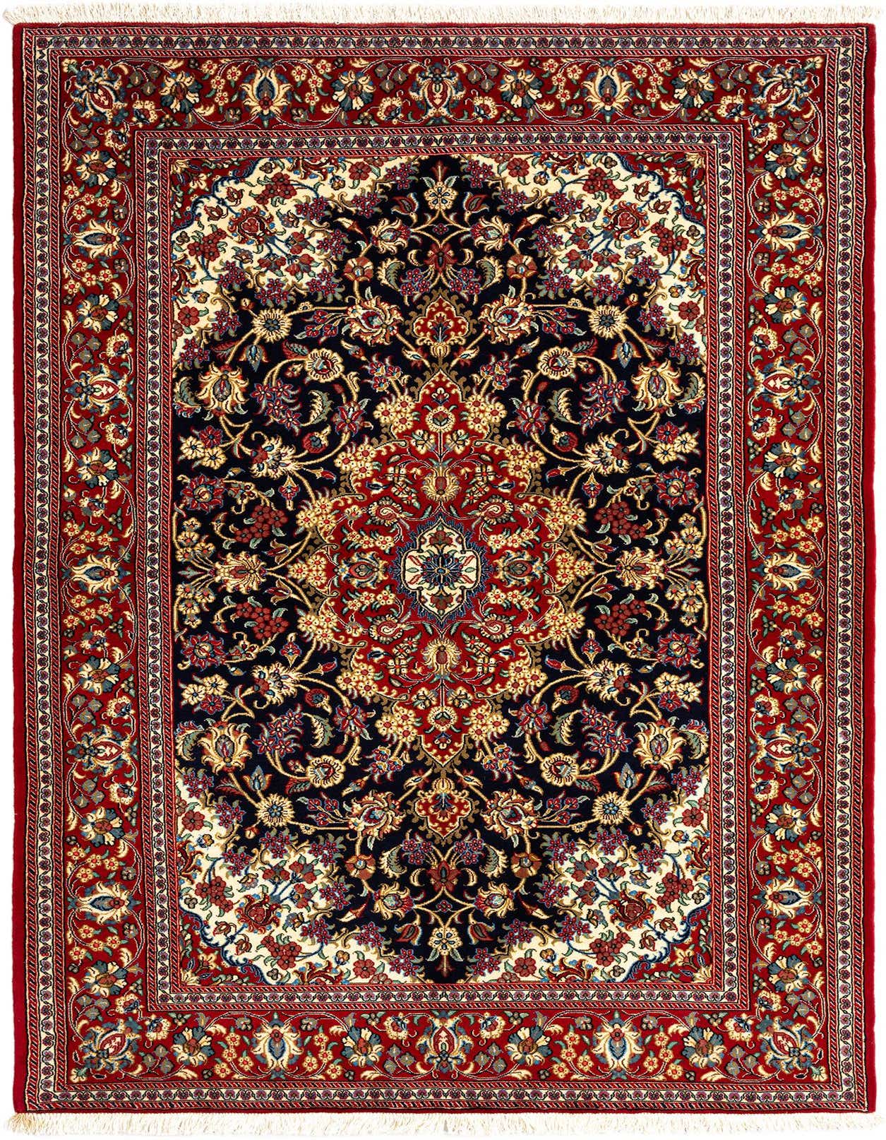 A rectangular 5x7 Persian rug with a rich blue background, intricate red and gold floral patterns, and a detailed red border, suitable for an indoor living space.
