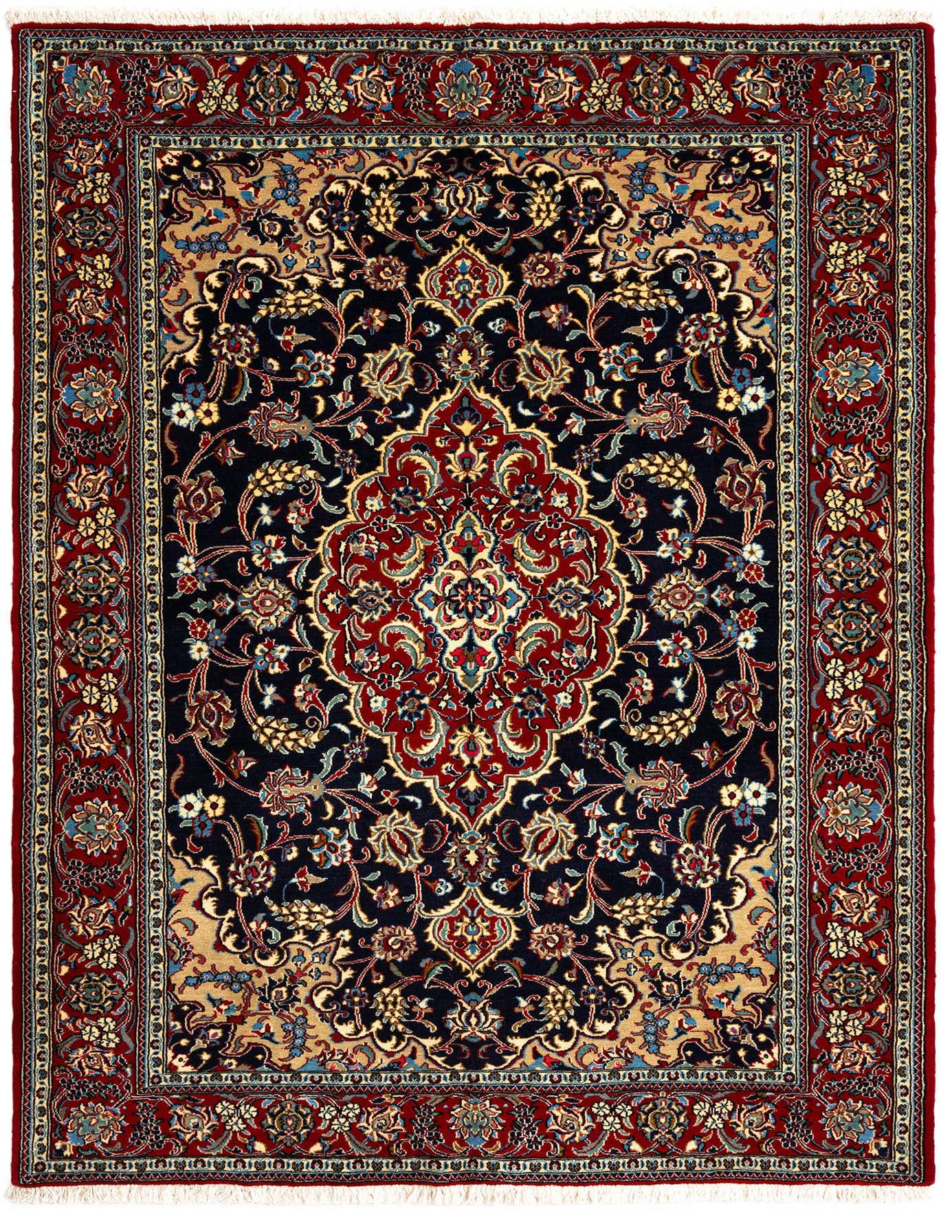 A rectangular 5x7 Rugs.com Qom Persian rug with a dark blue field, red medallion, and intricate floral patterns.
