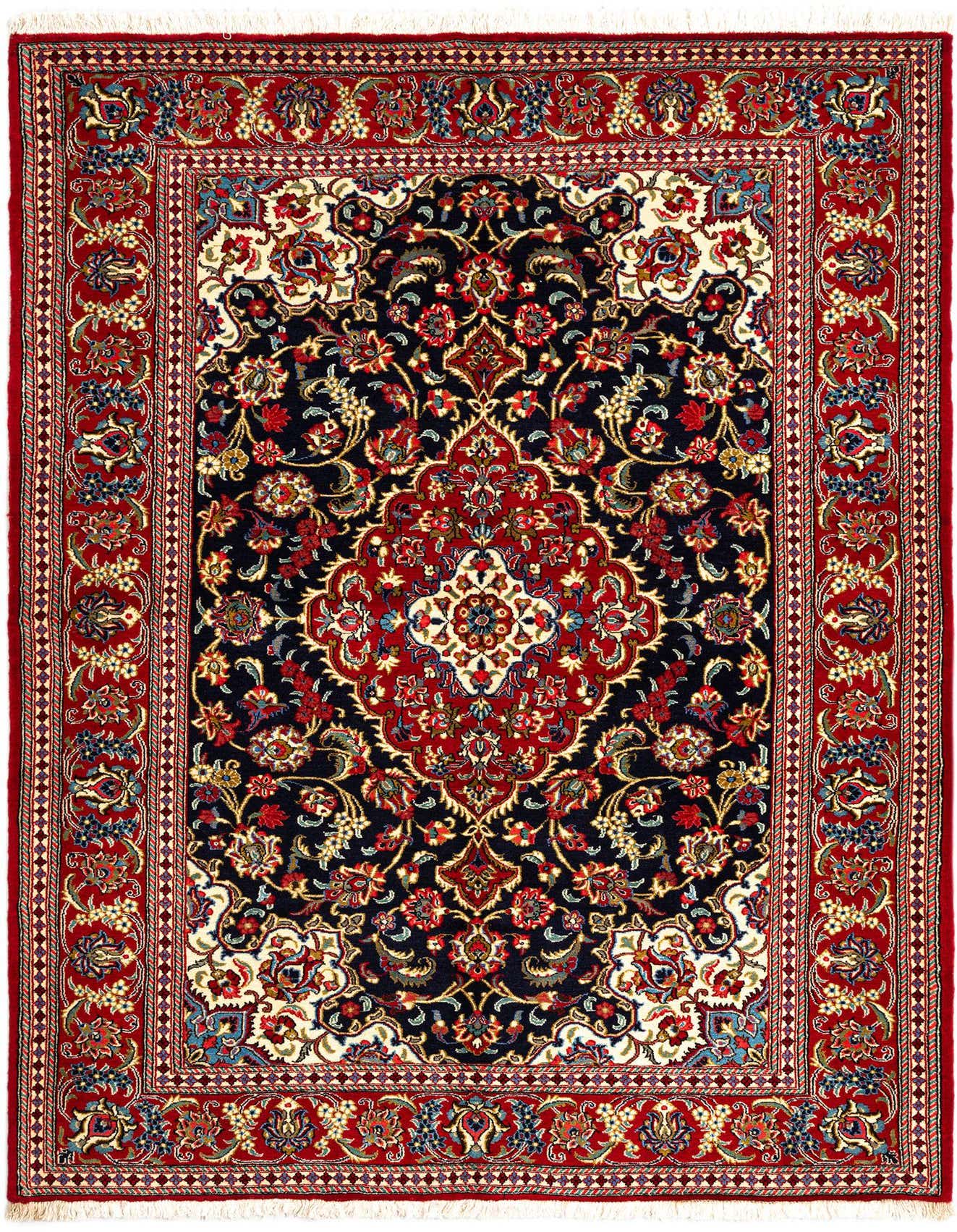 A 5x7 rectangular Persian Qom rug with a central medallion, featuring intricate floral patterns in blues, reds, and creams on a dark blue field, framed by a wide red border.