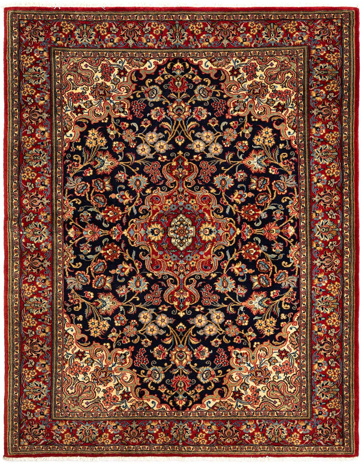 A 5x7 rectangular Persian Qom rug featuring a rich navy blue field with intricate floral motifs in red, gold, and light blue, framed by a detailed red border.
