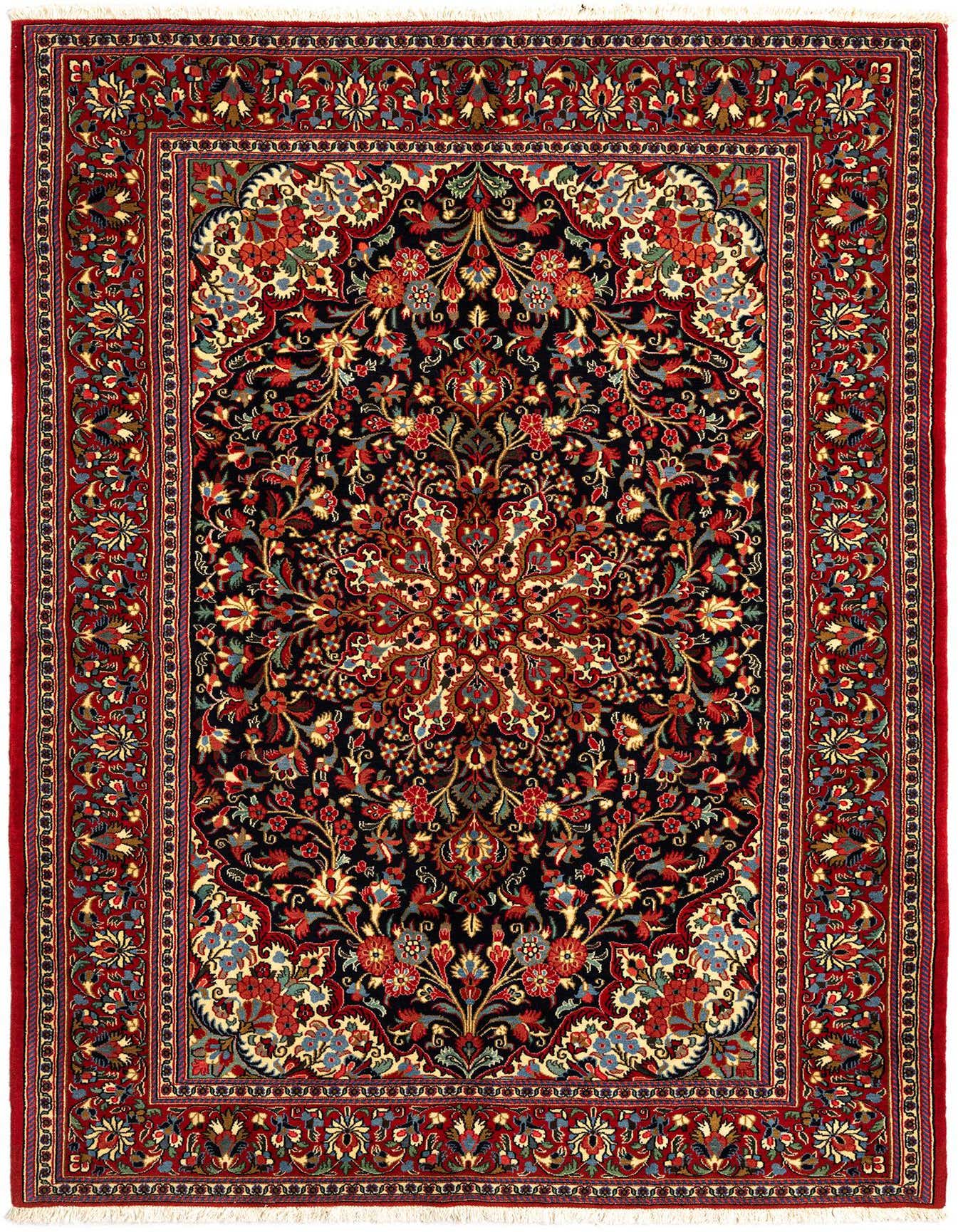 A rectangular 5x7 Persian Qom rug featuring a rich, intricate floral and medallion pattern in blues, reds, and creams on a dark background, with a detailed red border.