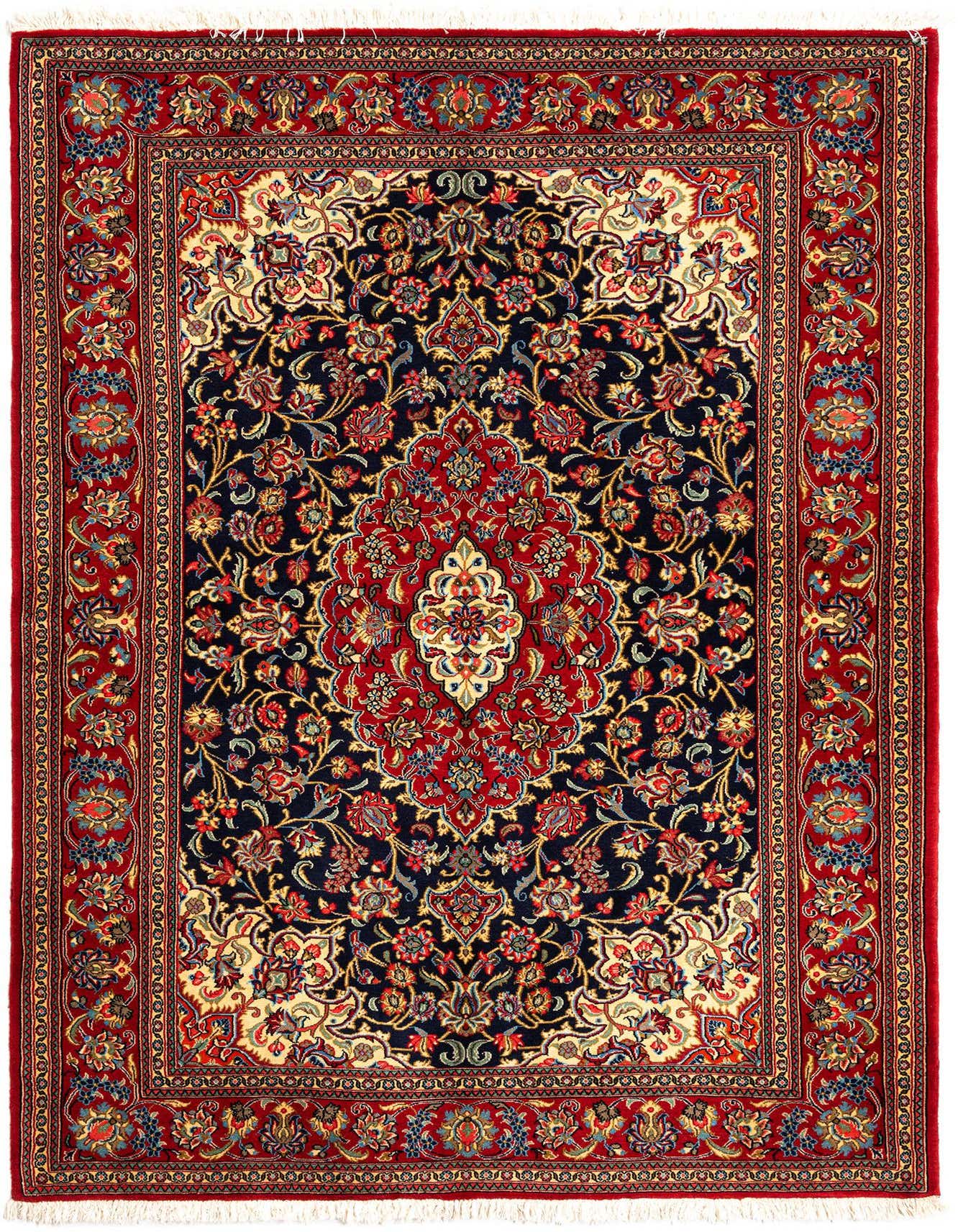A 4x6 rectangular handmade Persian rug with a rich navy blue field, intricate red medallion, and floral motifs, framed by a detailed red border.