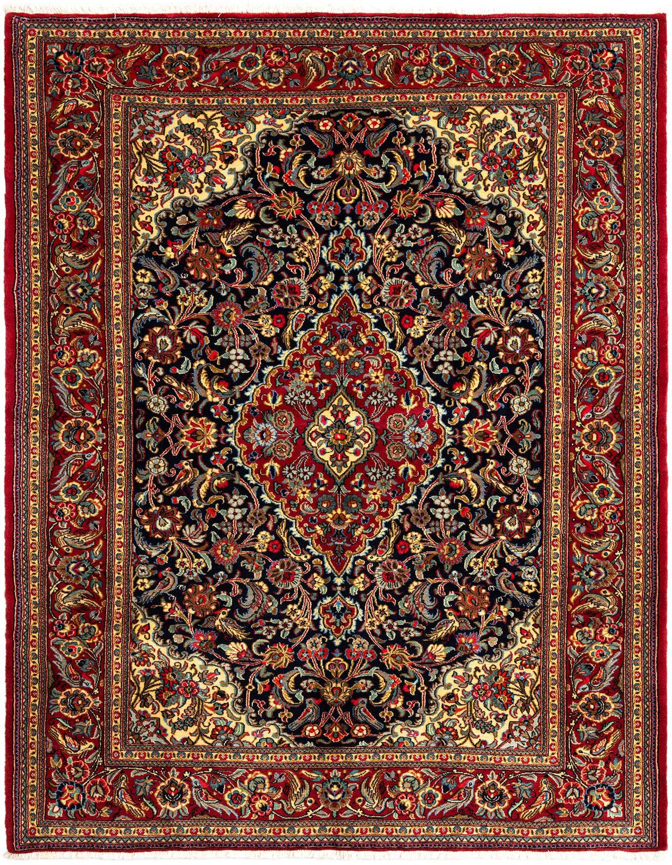 A 5x7 rectangular Persian rug with a deep blue field, intricate floral patterns, and a prominent red medallion, framed by a rich red border.