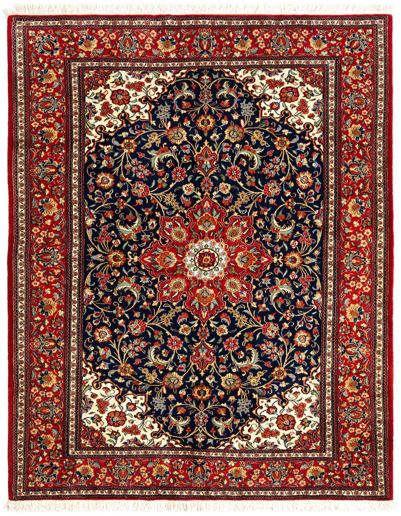 A 5x7 rectangular Persian rug featuring a rich navy blue field with an intricate floral medallion, bordered by a vibrant red frame with complementary patterns and white fringe.