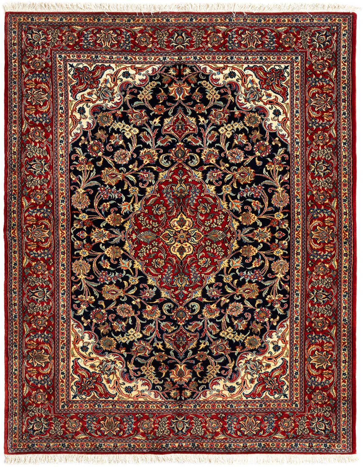 A 4x6 rectangular Persian rug with a deep blue field, intricate floral patterns, and a rich red border.