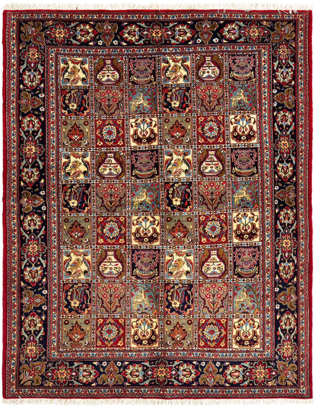 A rectangular 5x7 handmade wool rug featuring a complex grid pattern with various traditional motifs like vases, birds, and deer, bordered by intricate floral designs in blues, reds, and creams.